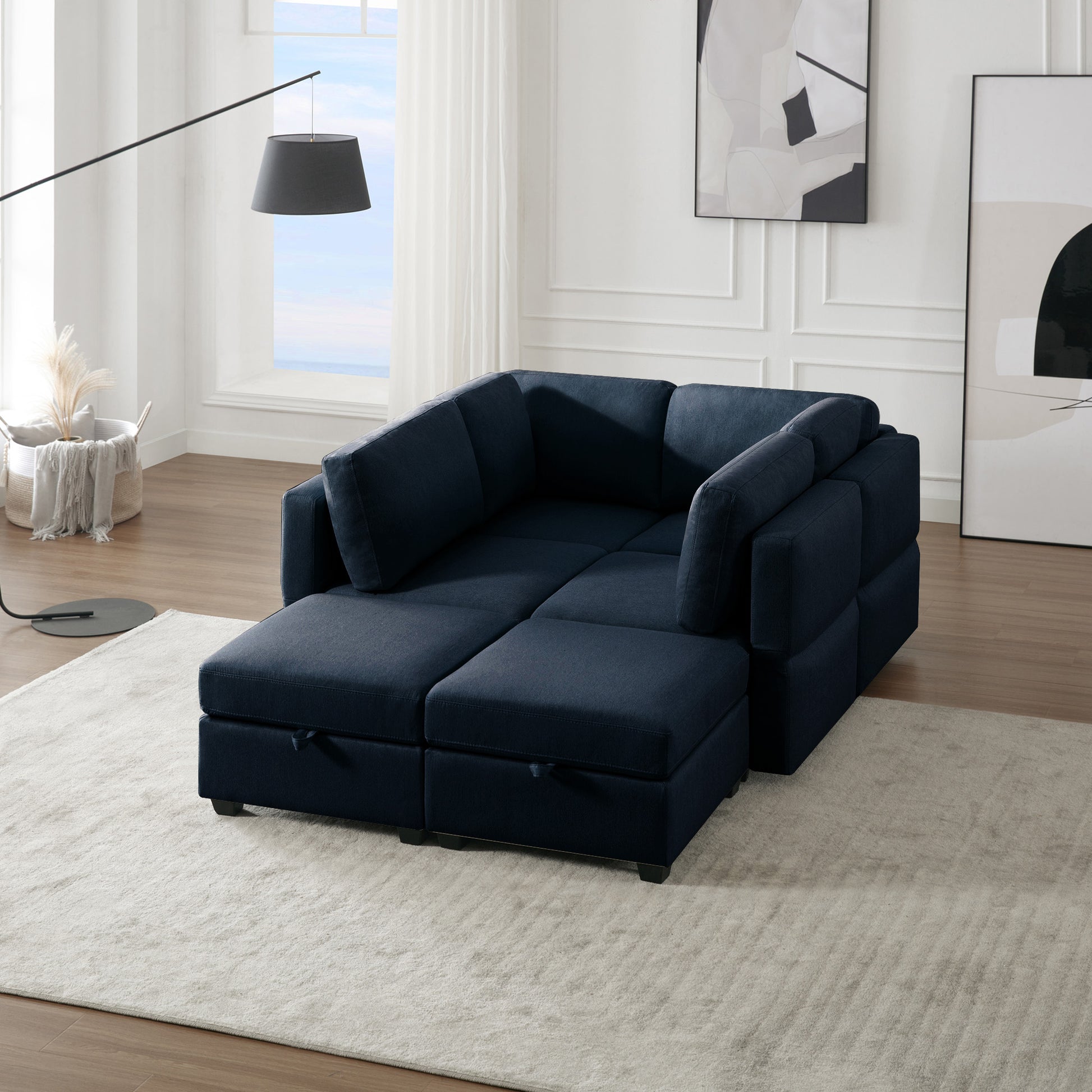 Oversized Modern 6 Seat Upholstered Sofa, Large Sectional Sofa With Storage Seats And Ottomanssofa Bed With Thick And Soft Cushions At All Sidesadjustable Arms And Backs Blue Blue Polyester 4 Seat