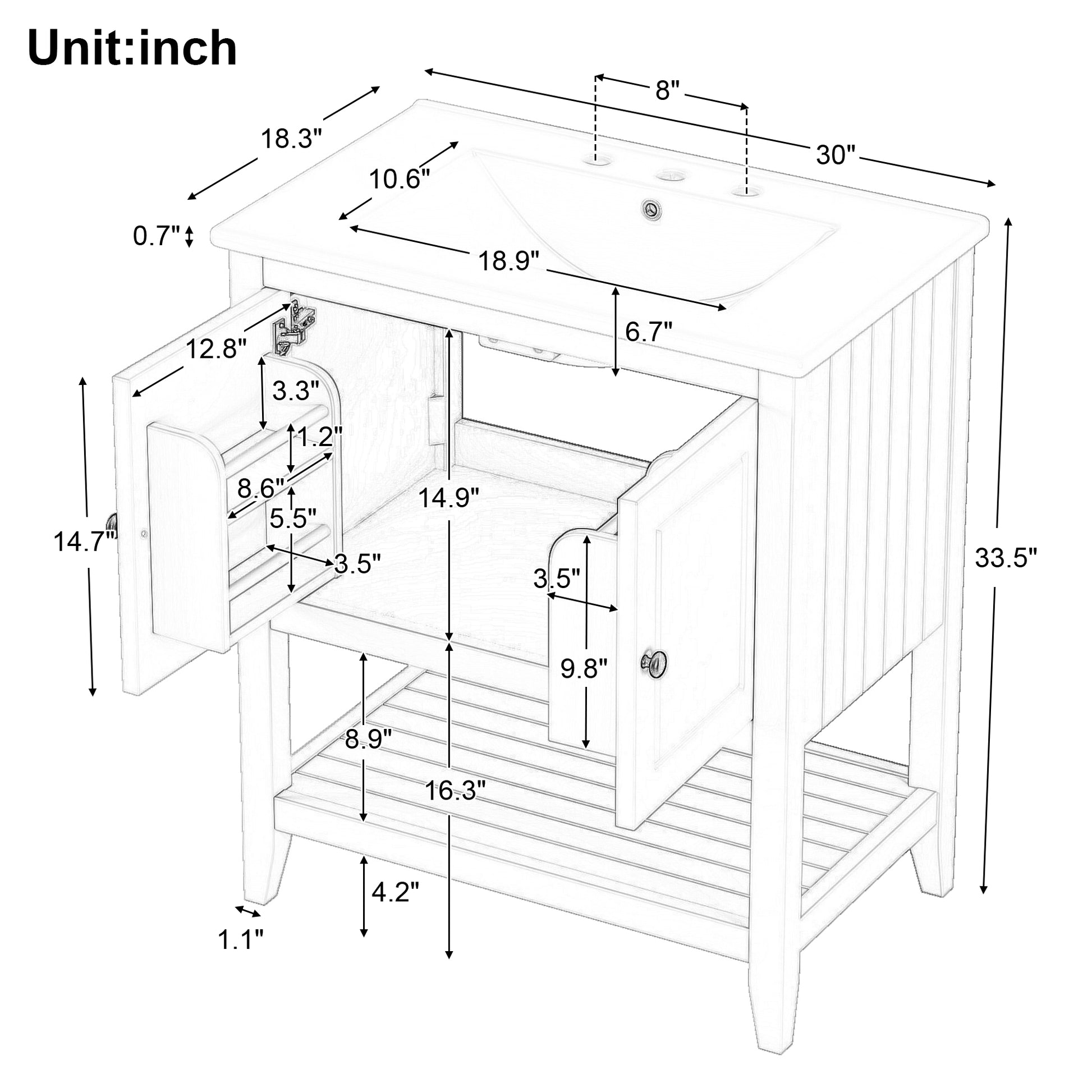 30" White Modern Sleek Bathroom Vanity Elegant Ceramic Sink With Solid Wood Frame Open Style Shelf & Door Shelf Design White Solid Wood