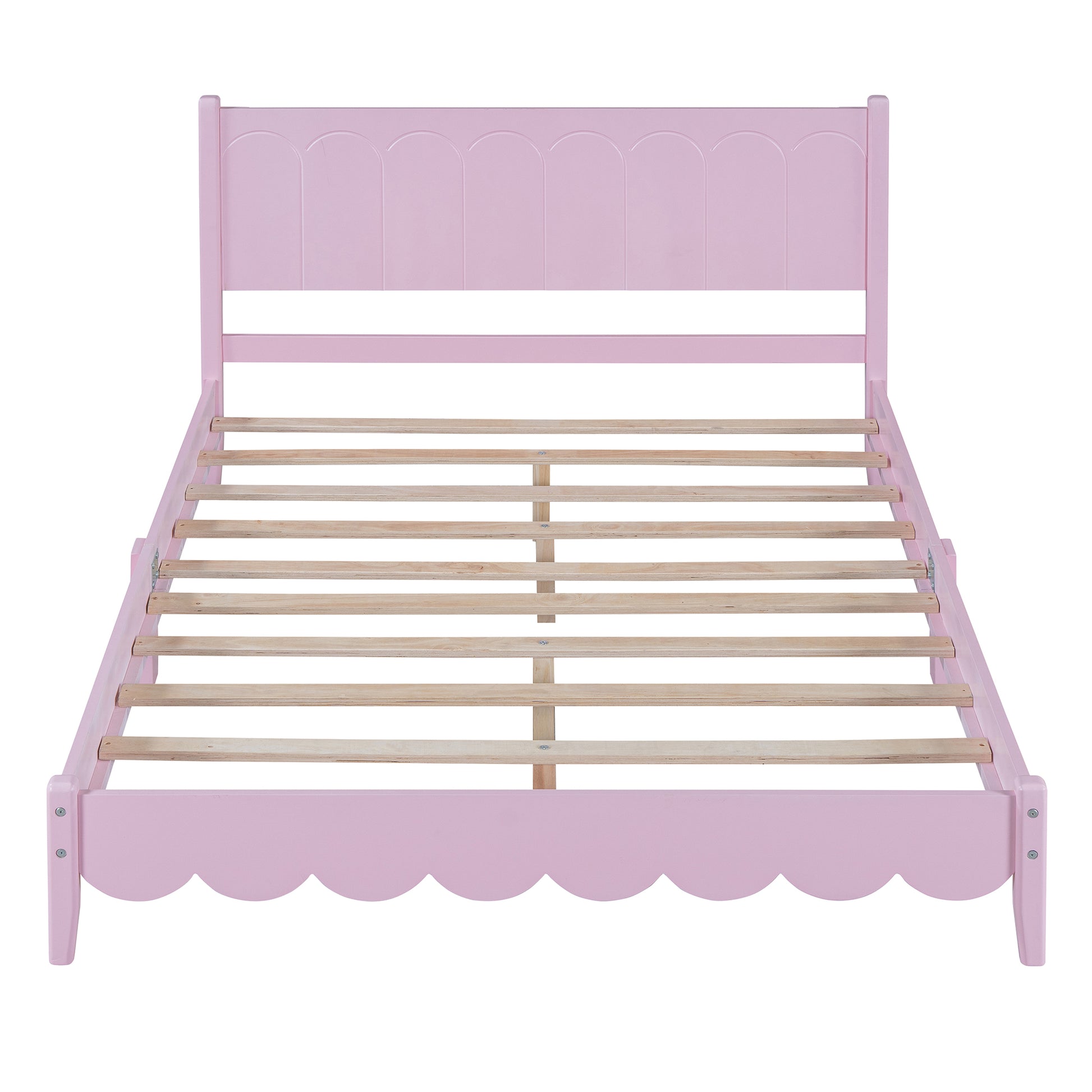 Full Size Wood Platform Bed Frame, Retro Style Bed With Rectangular Headboard,No Need Box Spring,Pink Full Pink Wood