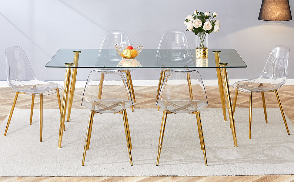 Table And Chair Set.Modern Rectangular Glass Dining Table With Tempered Glass Countertop And Golden Metal Legs, Paired With Multiple Transparent High Quality Pet Dining Chairs With Golden Legs. Gold Seats 6 Tempered Glass