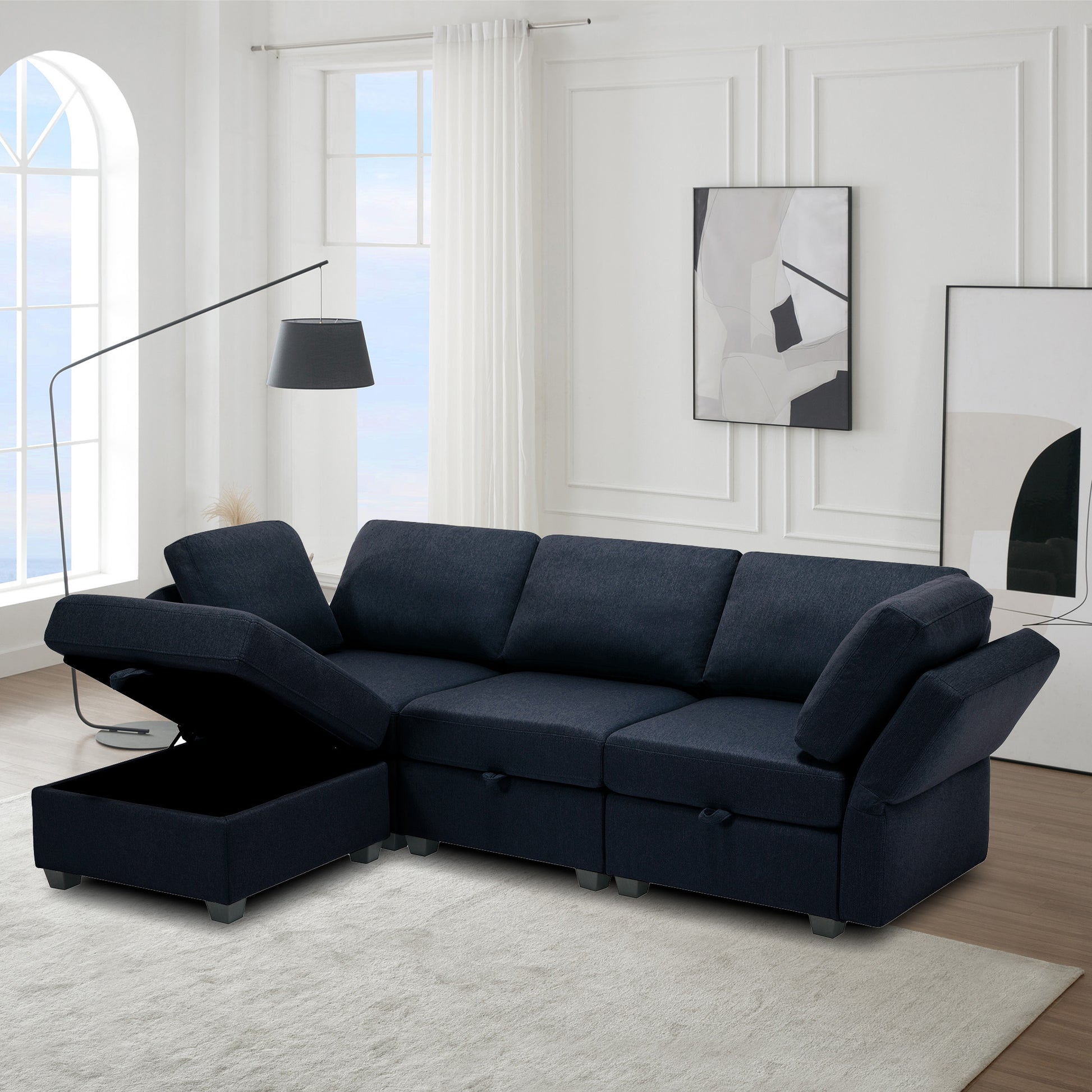 Convertible Sectional Sofa With Chaise, L Shaped Sofa Couch Modular Sectional Sofa With Storage Seats, Adjustable Arms And Backs Blue Blue Polyester 3 Seat