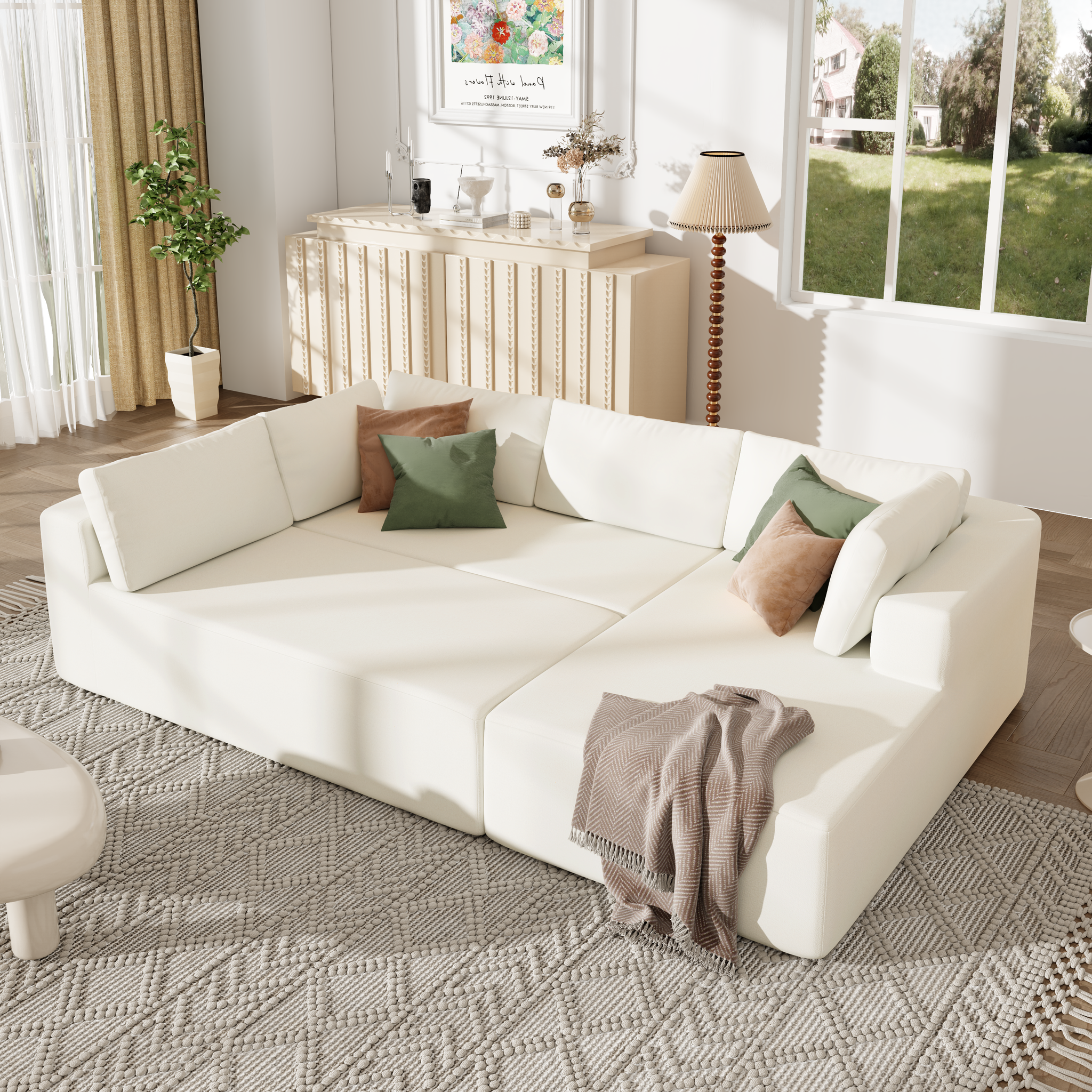 Modern Large Modular Sectional Sofa For Living Room, Bedroom, Salon, 3 Piece Free Combination Beige Polyester 3 Seat