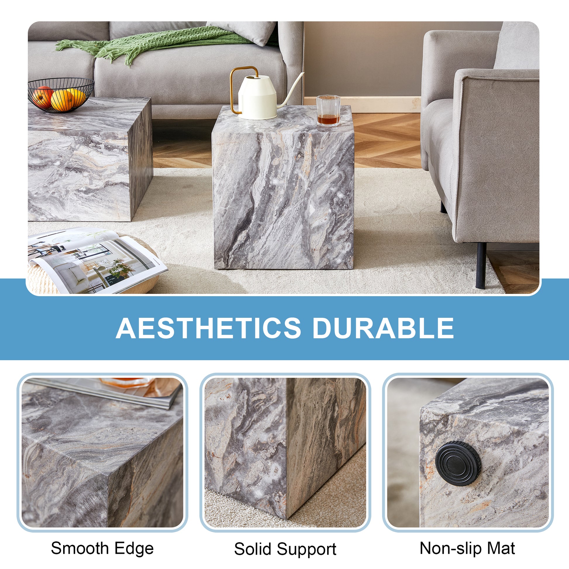 Elevate Your Living Space With This Modern Mdf Coffee Table, Which Showcases Gray Textured Patterns. It Is Characterized By Stylish Design. Grey Mdf