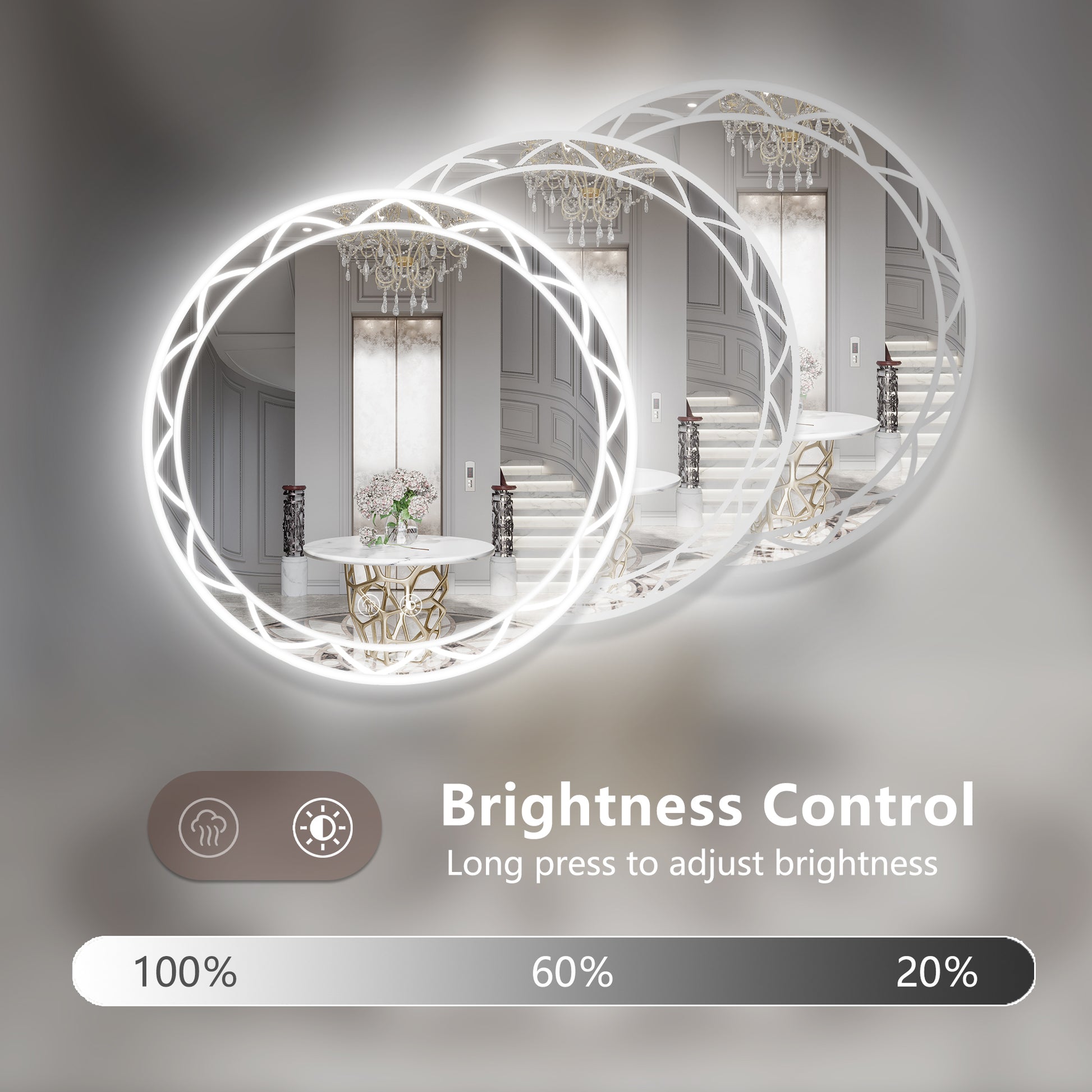 36" Round Led Bathroom Mirror Adjustable Color Temperatures And Anti Fog, Wall Mounted Design White Black Aluminium,Tempered Glass