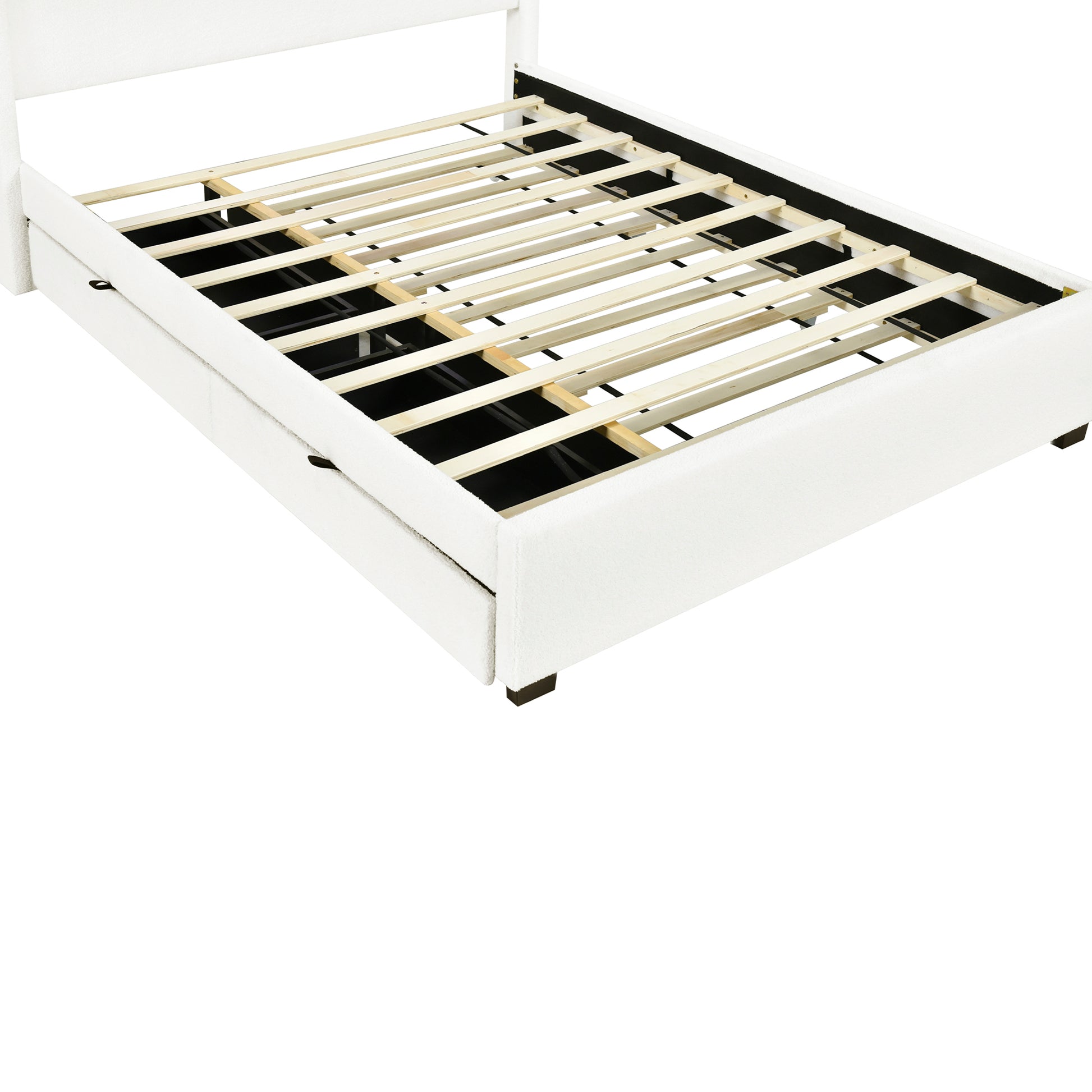 Queen Size Upholstered Platform Bed With Led Frame, With Twin Xl Size Trundle And 2 Drawers, Teddy Fleece, White White Fleece