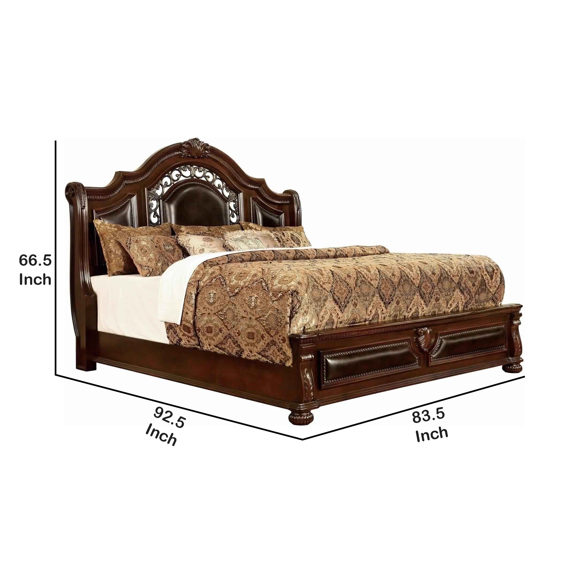 Traditional Eastern King Bed With Soped Headboard And Bun Feet,Brown King Brown Solid Wood