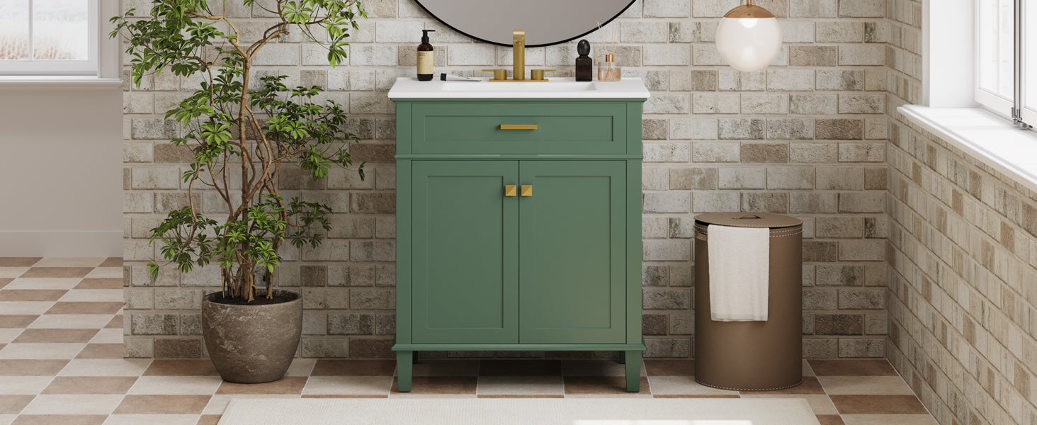 30 Inch Bathroom Vanity With Ceramic Basin, Soft Close Door And Adjustable Shelves Green Bathroom Solid Wood Mdf