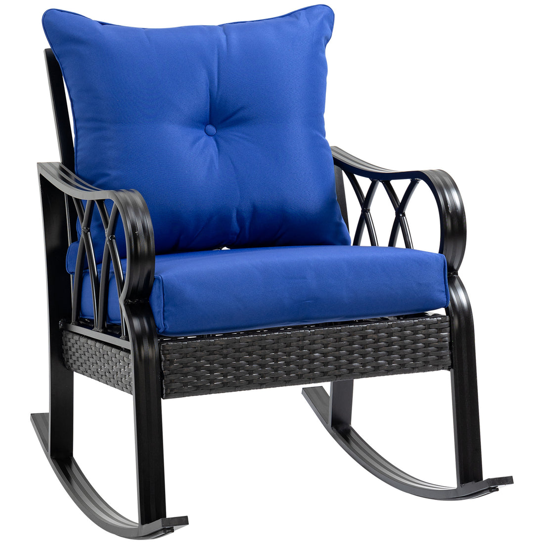 Outsunny Outdoor Wicker Rocking Chair With Padded Cushions, Aluminum Furniture Rattan Porch Rocker Chair W Armrest For Garden, Patio, And Backyard, Blue Blue Aluminum