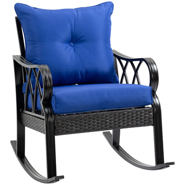 Outsunny Outdoor Wicker Rocking Chair With Padded Cushions, Aluminum Furniture Rattan Porch Rocker Chair W Armrest For Garden, Patio, And Backyard, Blue Blue Aluminum