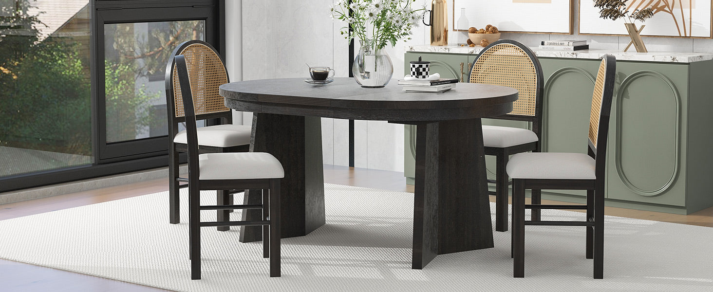 5 Piece Retro Functional Dining Set With 1 Extendable Dining Table And 4 Upholstered Chairs With Rattan Backrests For Dining Room And Kitchen Espresso Espresso Solid Wood Mdf