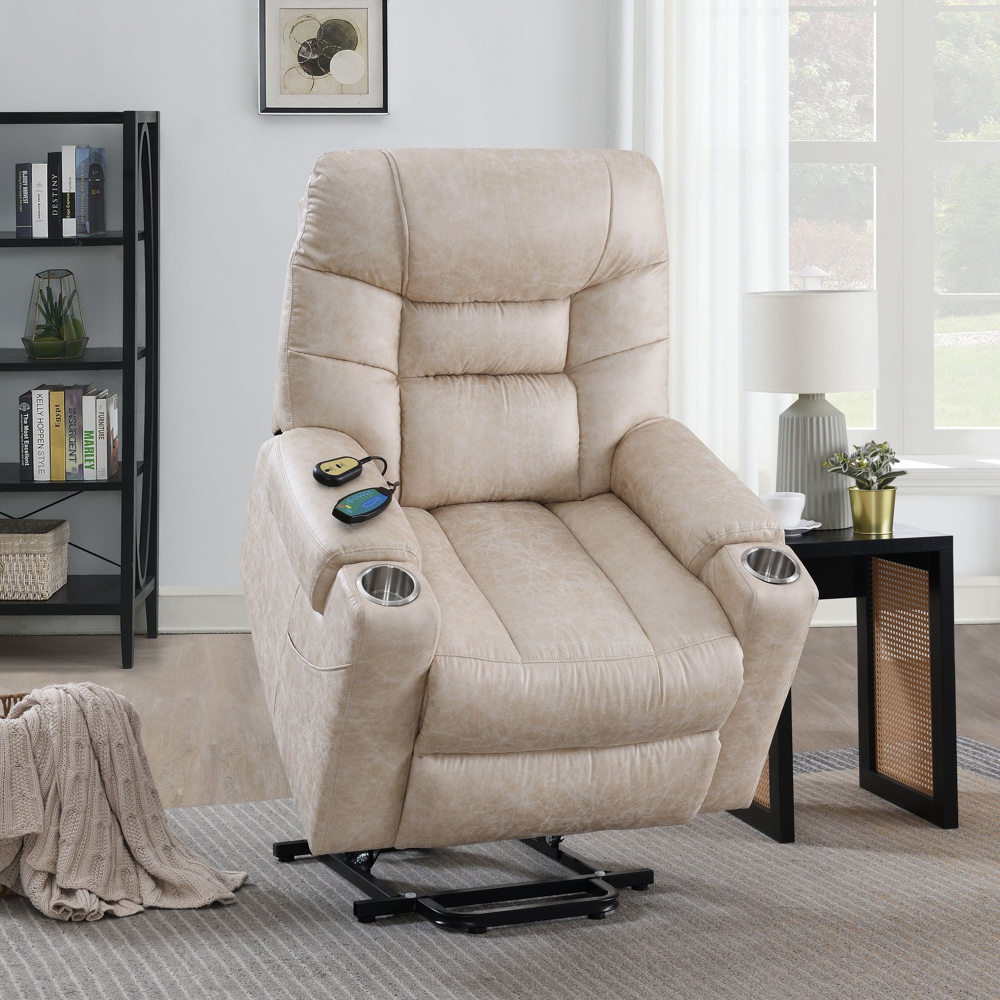 Nairi Ivory Leather Aire Power Motion Recliner With Lift, Heating & Massage Function Ivory Faux Leather