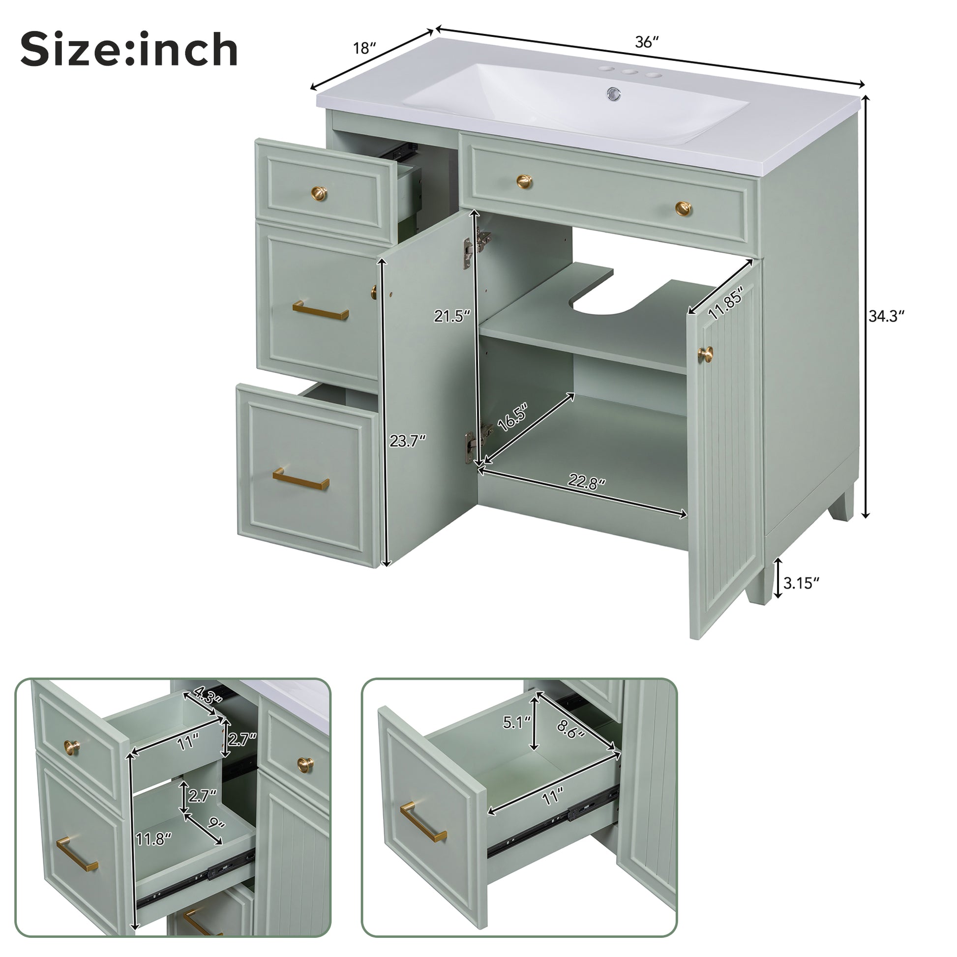 36 Inch Bathroom Vanity, Transitional Style Bathroom Cabinet With Resin Sink, Green Single Bathroom Cabinet, With 2 Drawers And 1 Adjustable Storage Shelf, 2 Soft Close Doors Green Bathroom Solid Wood Mdf Resin