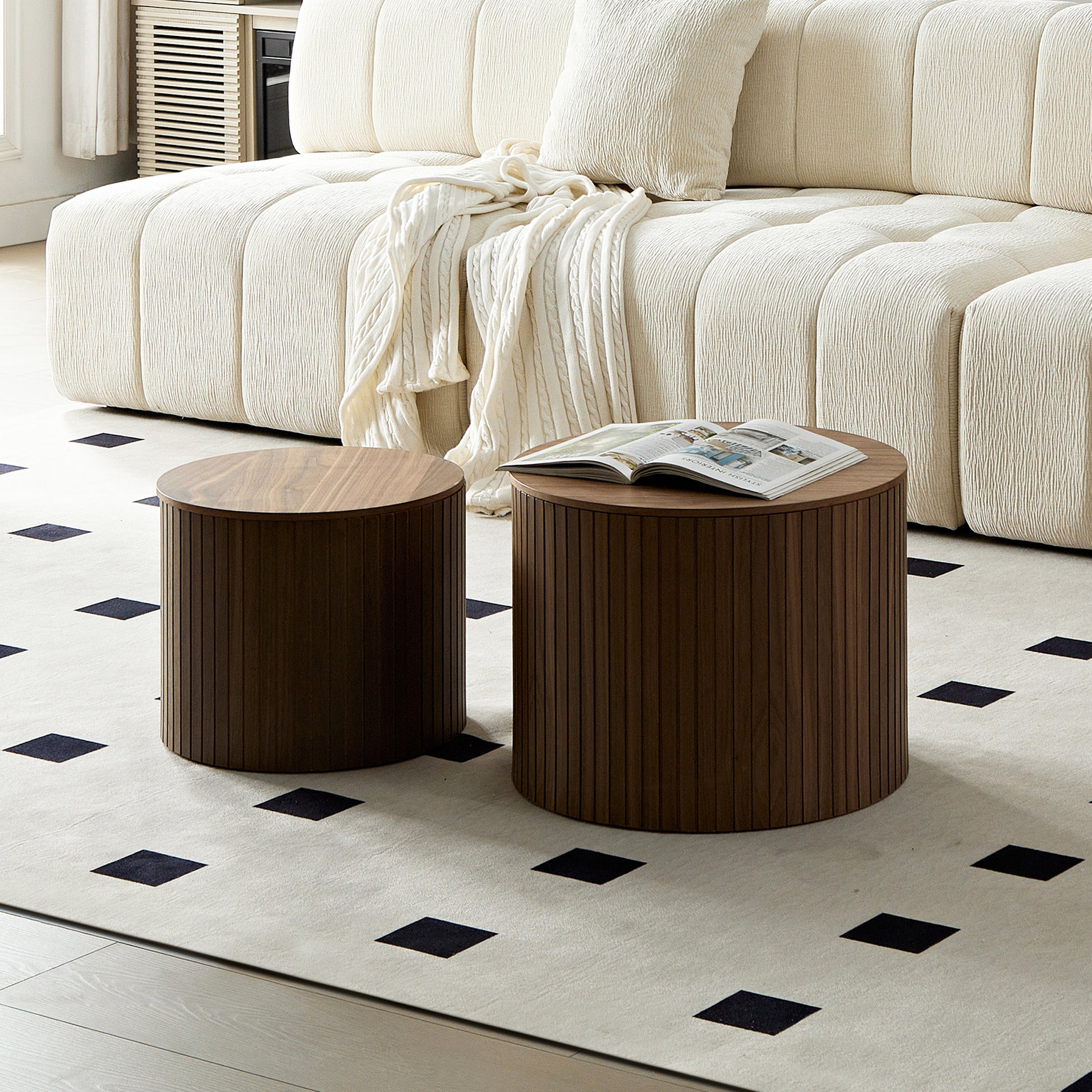 Mdf Nested Table Set 2 Pieces, Handcrafted Round Coffee Table In Living Lounge Area, Walnut Color Walnut Round Round Mdf