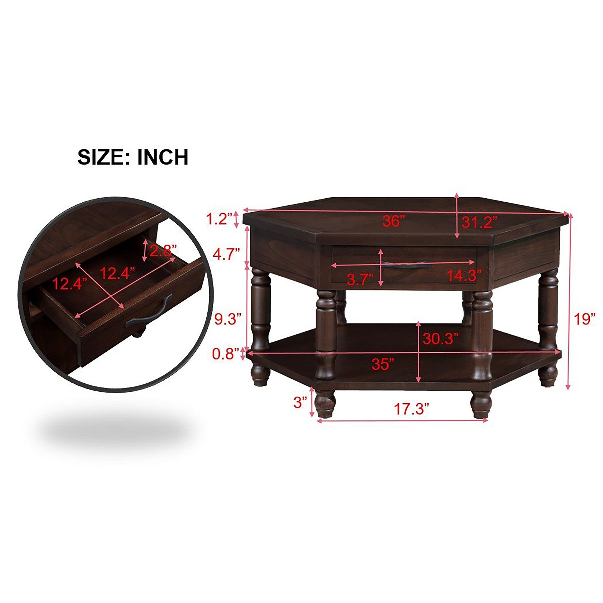 2 Tier Retro Hexagon Living Room Solid Wood Coffee Table With Shelf & Drawer, 36'' Mid Century Center Coffee Table For Living Room, Office. Light Espresso Light Espresso Pine