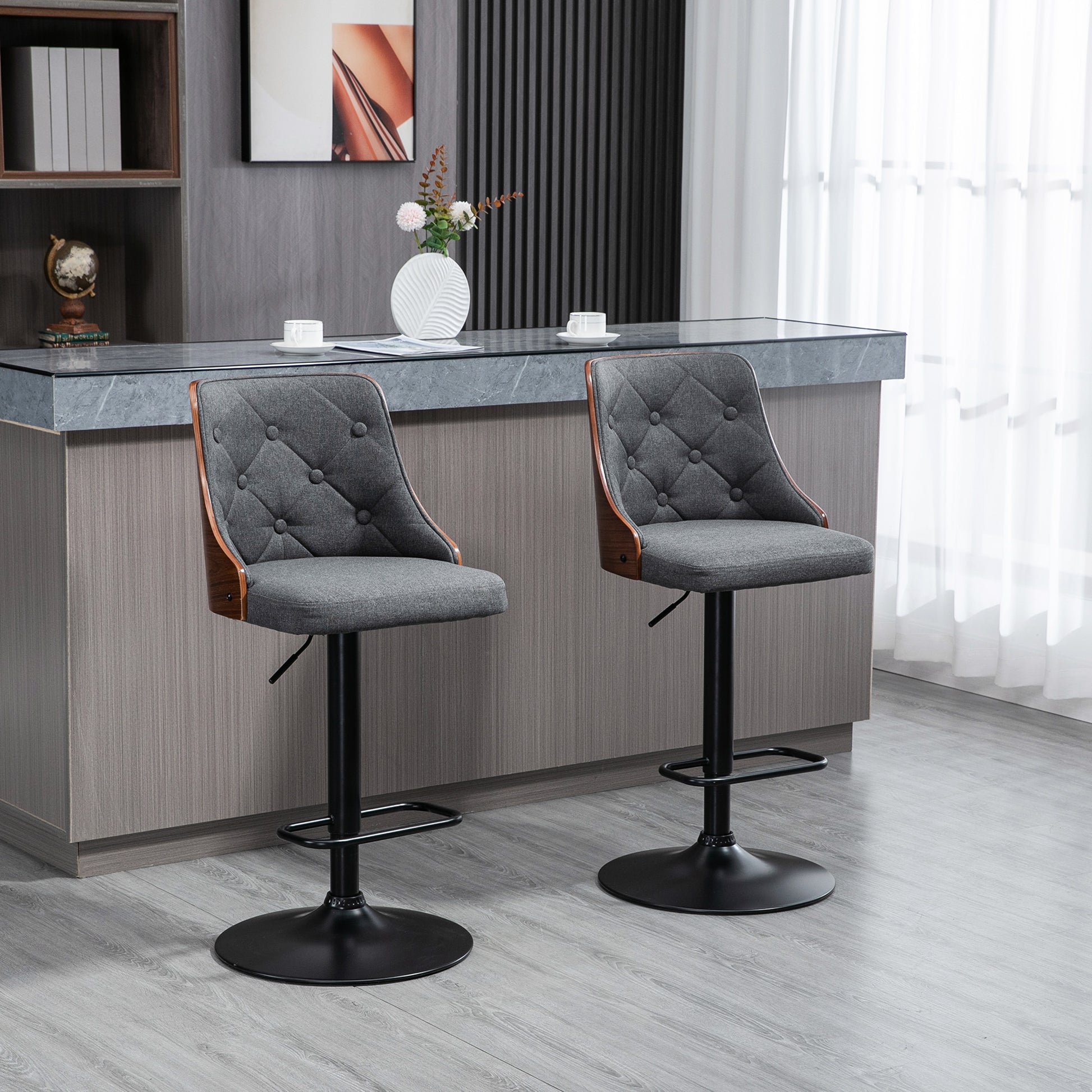 Homcom Counter Height Bar Stools Set Of 2, Height Adjustable Swivel Barstools With Footrest And Tufted Back, Linen Fabric Bar Chairs, Dark Grey Dark Grey Wood