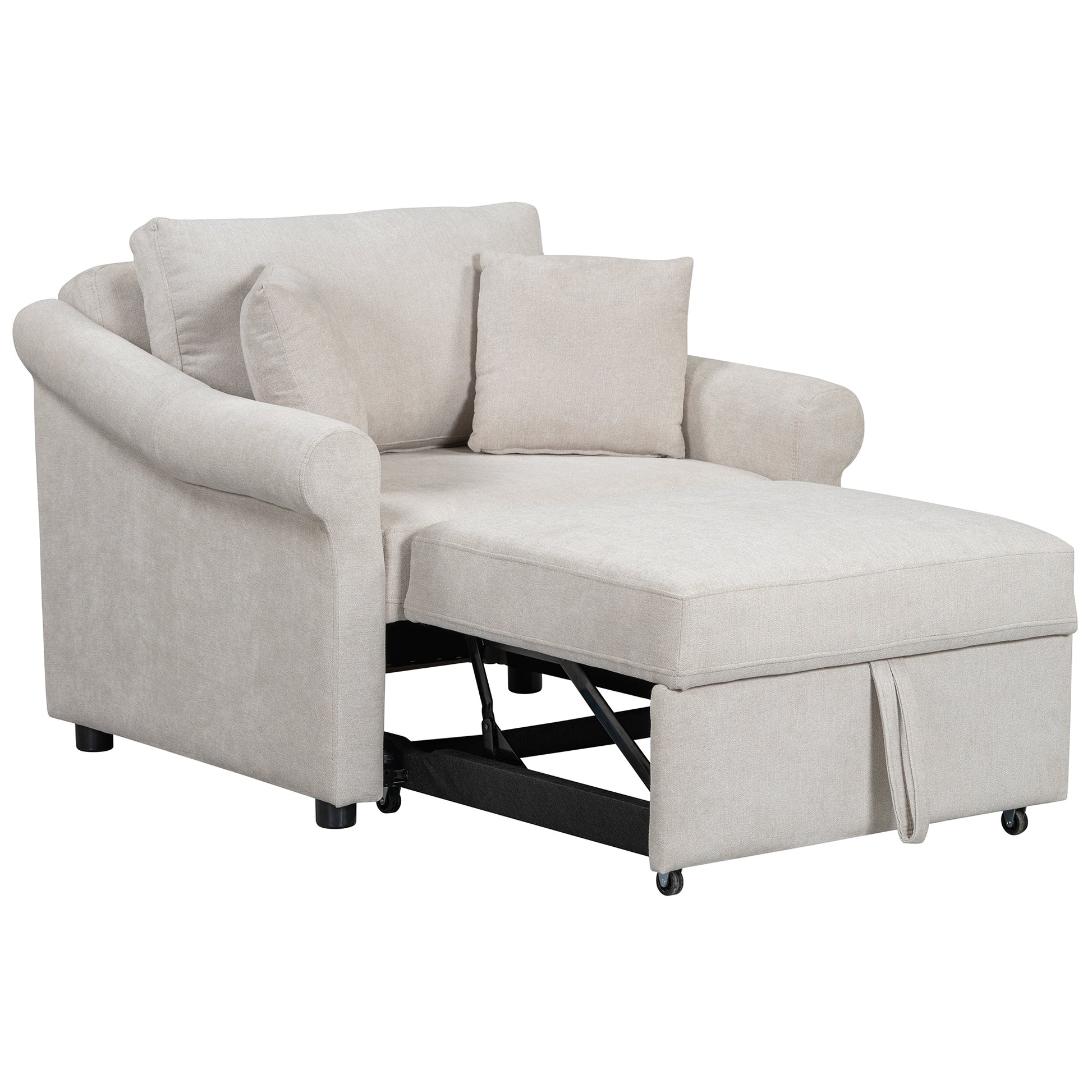 Chenille Convertible Sleeper Chair With Adjustable Backrest, 3 In 1 Lounger Chair Turns Into Bed, Single Bed For Living Room, Beige Beige Chenille
