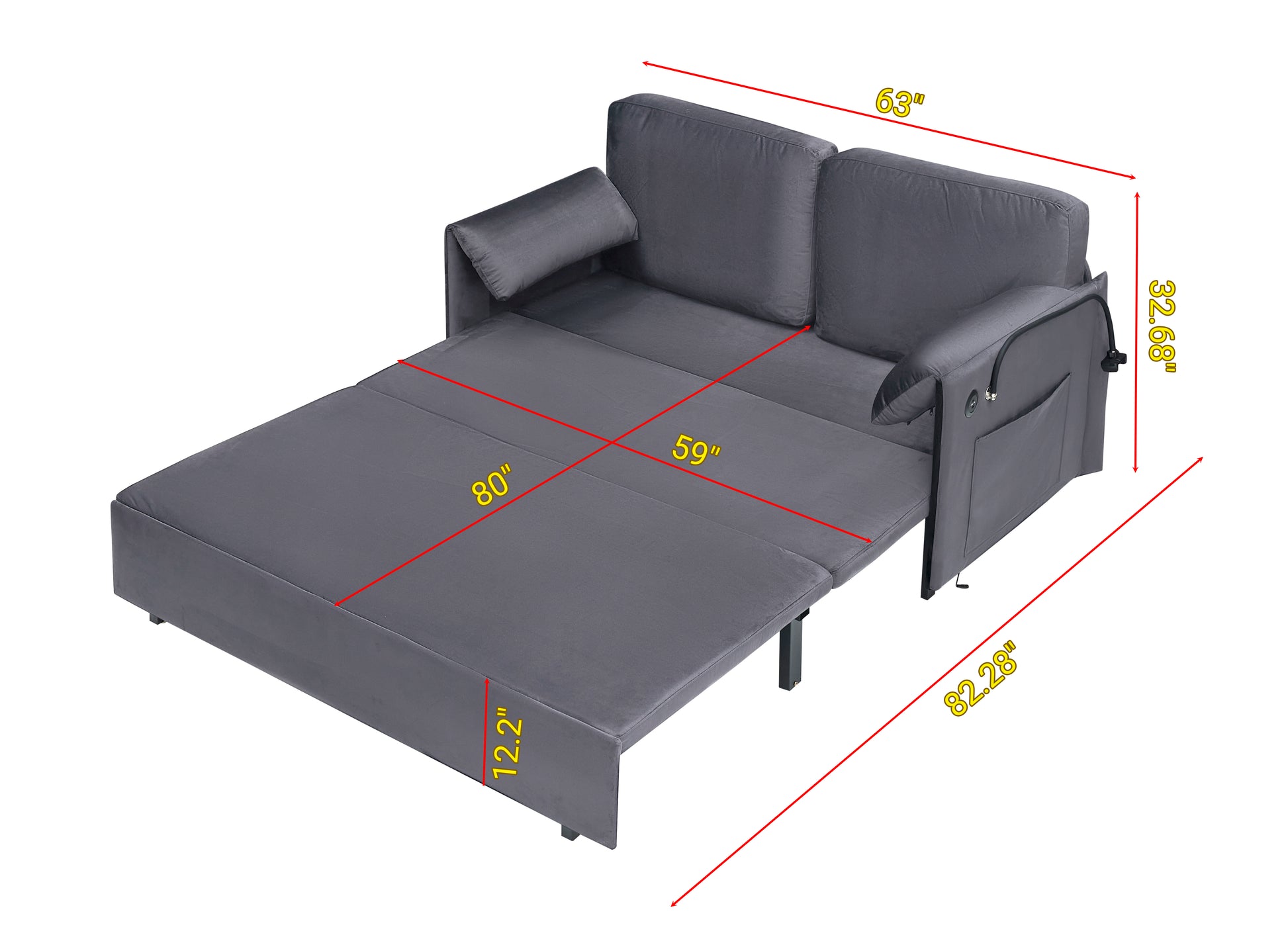 63 Inch Large Folding Sofa Bed Velvet Multifunctional Double Sofa Bed, Three Modes Switch, Suitable For Sitting, Lying And Sleeping, Suitable For Living Room, Bedroom, Apartment, Office,Gray Gray Velvet 2 Seat