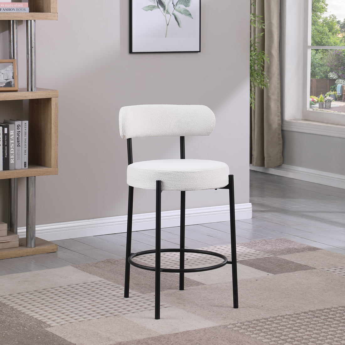Modern Counter Height Stools Set Of 2, Uphsoltered 26" Seat Height Barstools With Black Metal Legs Round Low Back Kitchen Stools With Footrest For Dining Room, White Iron Black White Dining Room Foam Round Dining Chairs Foam Metal