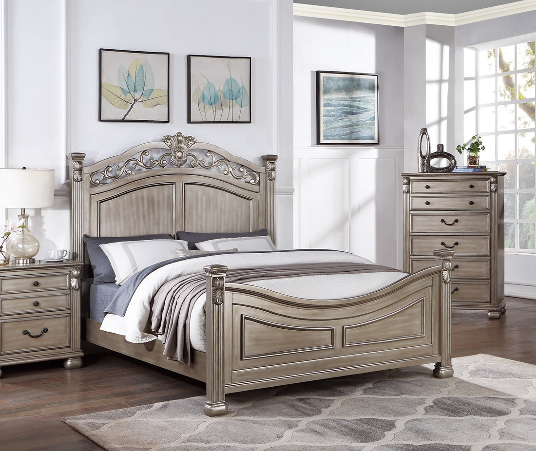 Formal Traditional Antique Silver 1Pc Queen Size Bed Unique Design Headboard Footboard Bedframe Box Spring Required Queen Antique Silver Wood Bedroom American Traditional,Classic,Contemporary,Luxury,Traditional Pine Bed Frame Plywood
