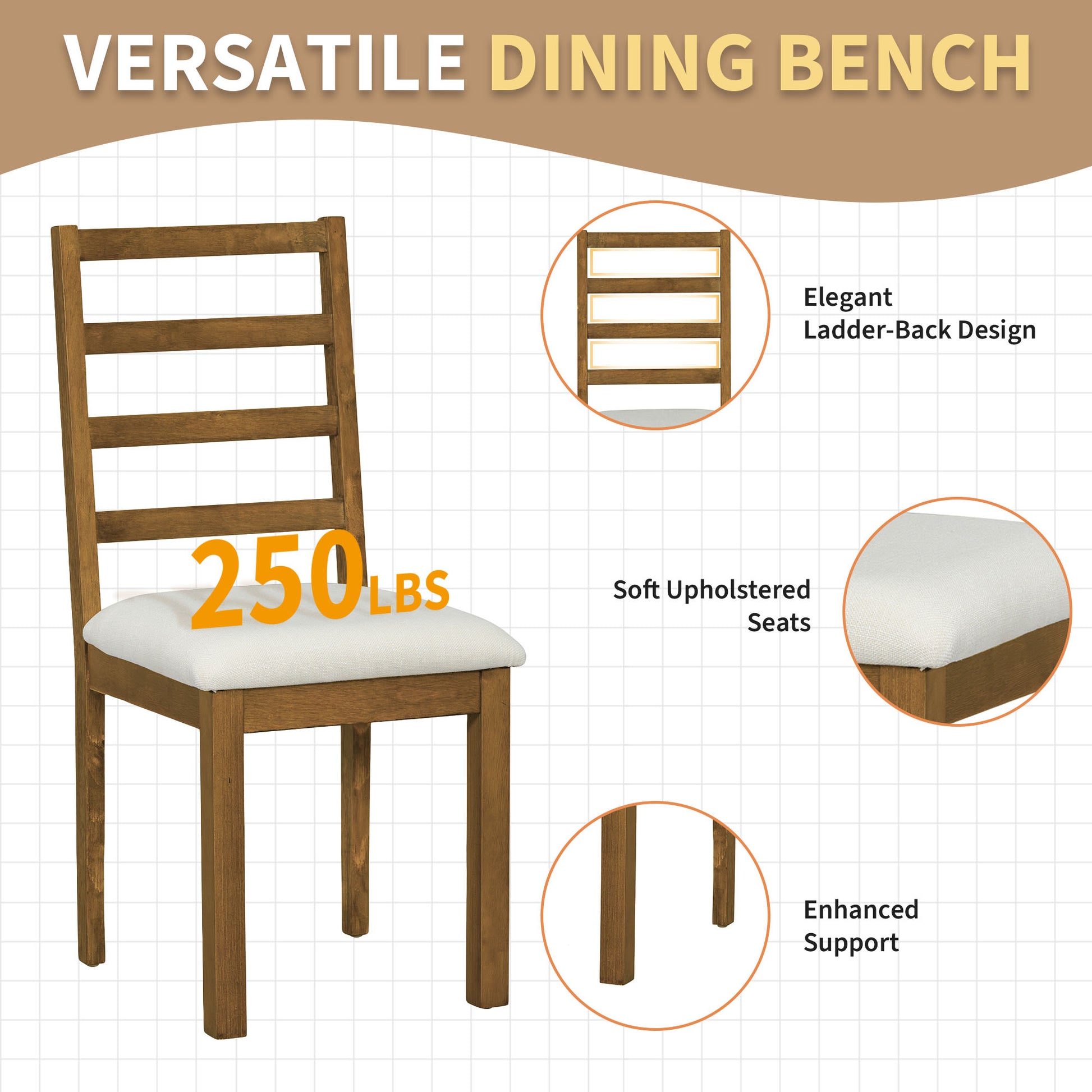 Farmhouse 6 Piece 60Inch Extendable Pedestal Dining Table Set With 18Inch Removable Leaf, 44Inch Bench And 4 Ladder Back Dining Chairs, Dark Brown Wood Dining Room Solid Wood Rubberwood Oval Dining Table With Bench Wood Wood Dark Brown Ladder Back Seats