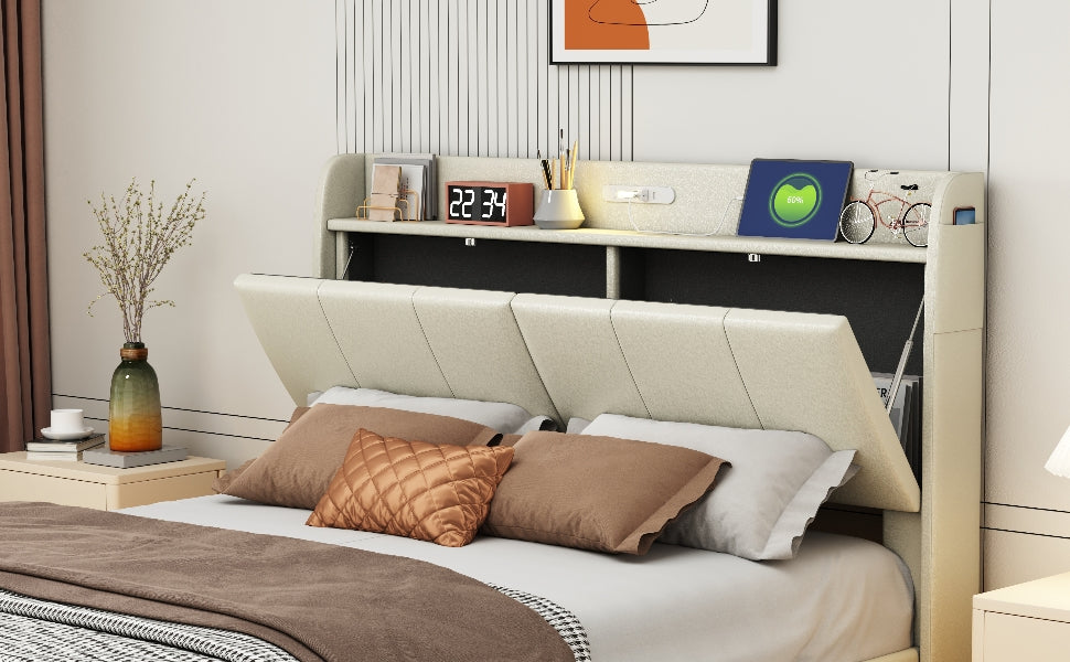 Queen Size Floating Bed Frame With Storage Headboard, Modern Upholstered Platform Bed With Touch Sensor Night Light And Usb Charger, Beige Queen Beige Bed Frame Wood