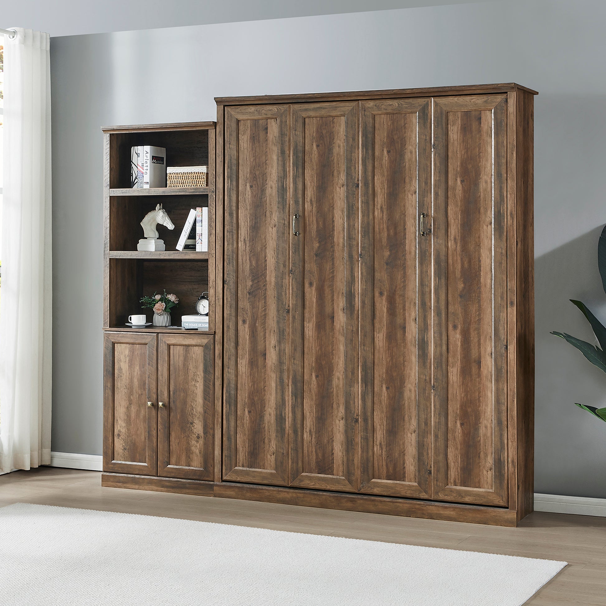 Queen Size Half Self Close And Open Murphy Bed With 1 Side Cabinet Storage Shelf, Cabinet Space Saving Bed Perfect For Guest Room, Bed Room, Guest Room, Home Office, Brown Box Spring Not Required Queen Brown Wood Brown Pine Murphy Solid Wood Mdf