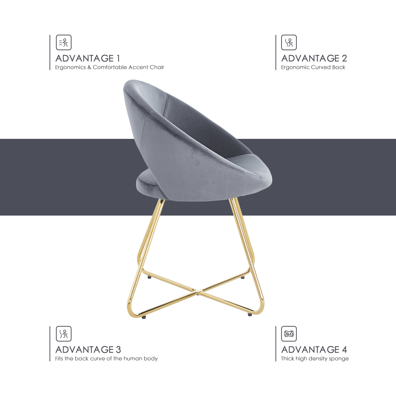 Modern Accent Velvet Chairs Set Of 2 Dining Chairs Single Sofa Comfy Upholstered Arm Chair Living Room Furniture Mid Century Leisure Lounge Chairs With Golden Metal Frame Legs Grey Velvet