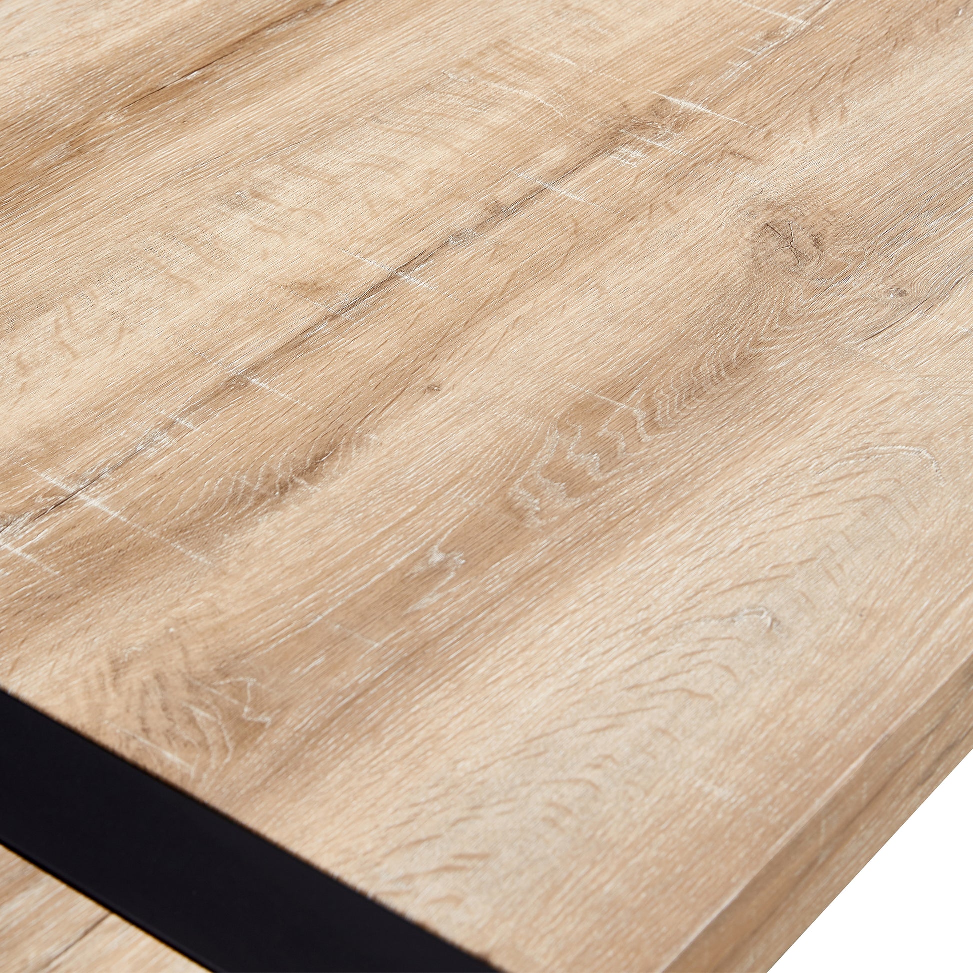 Table And Chair Set, Textured Top In Vintage Wood Color, Black Metal Legs. Dining Chair With White Faux Leather Backrest Cushion With Black Metal Legs. Wood Seats 6 Mdf Metal