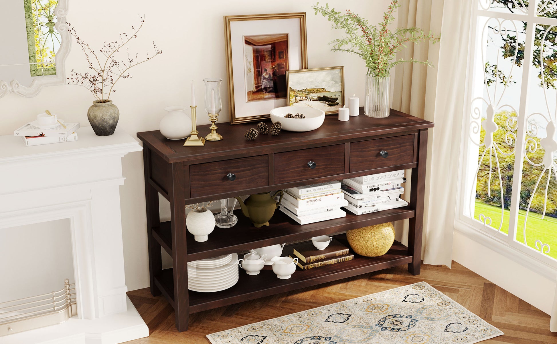 Retro Design Console Table With Two Open Shelves, Pine Solid Wood Frame And Legs For Living Room Espresso Espresso Solid Wood Mdf