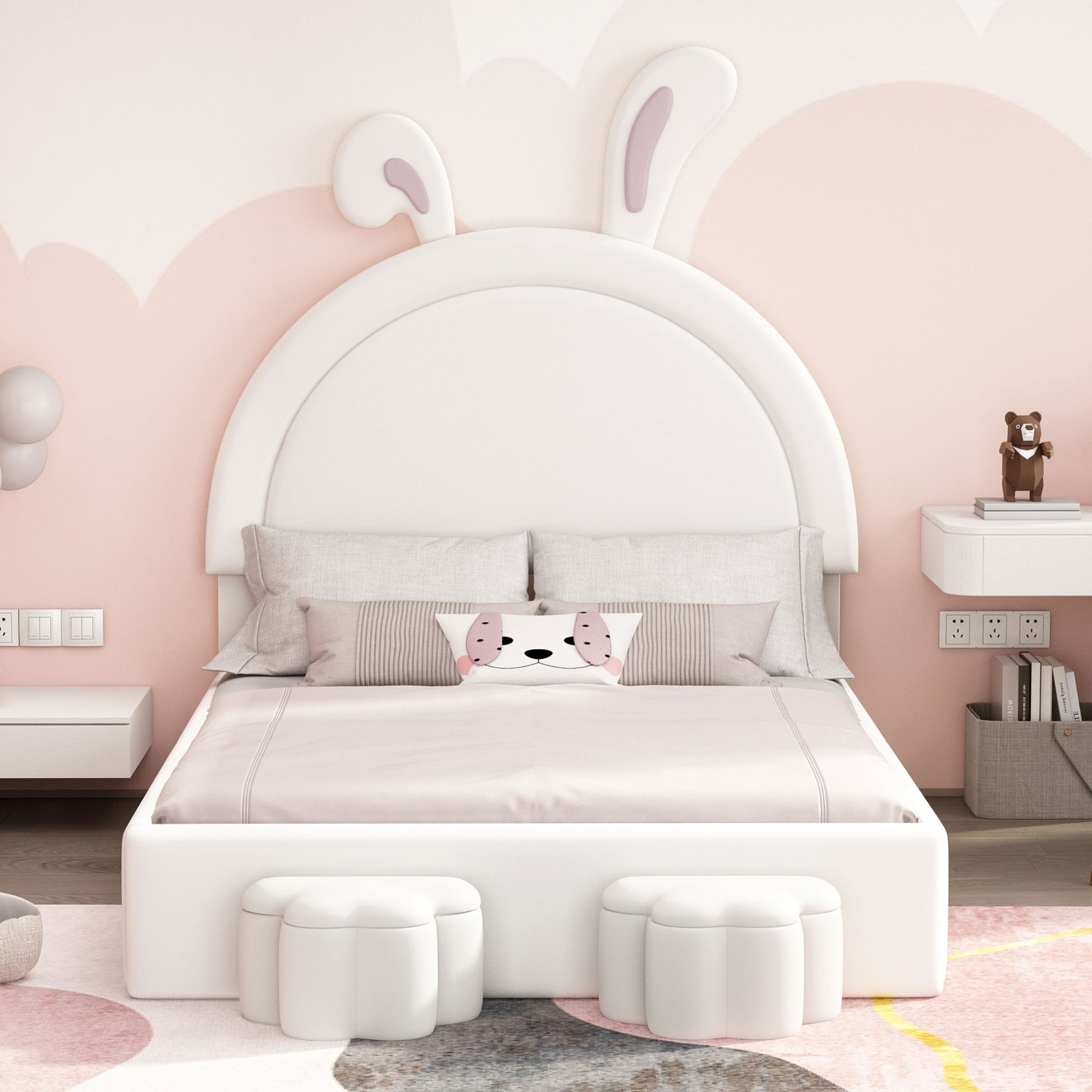 Full Size Upholstered Rabbit Shape Bed With 2 Storage Stools, Velvet Platform Bed With Cartoon Ears Shaped Headboard, White Full White Wood