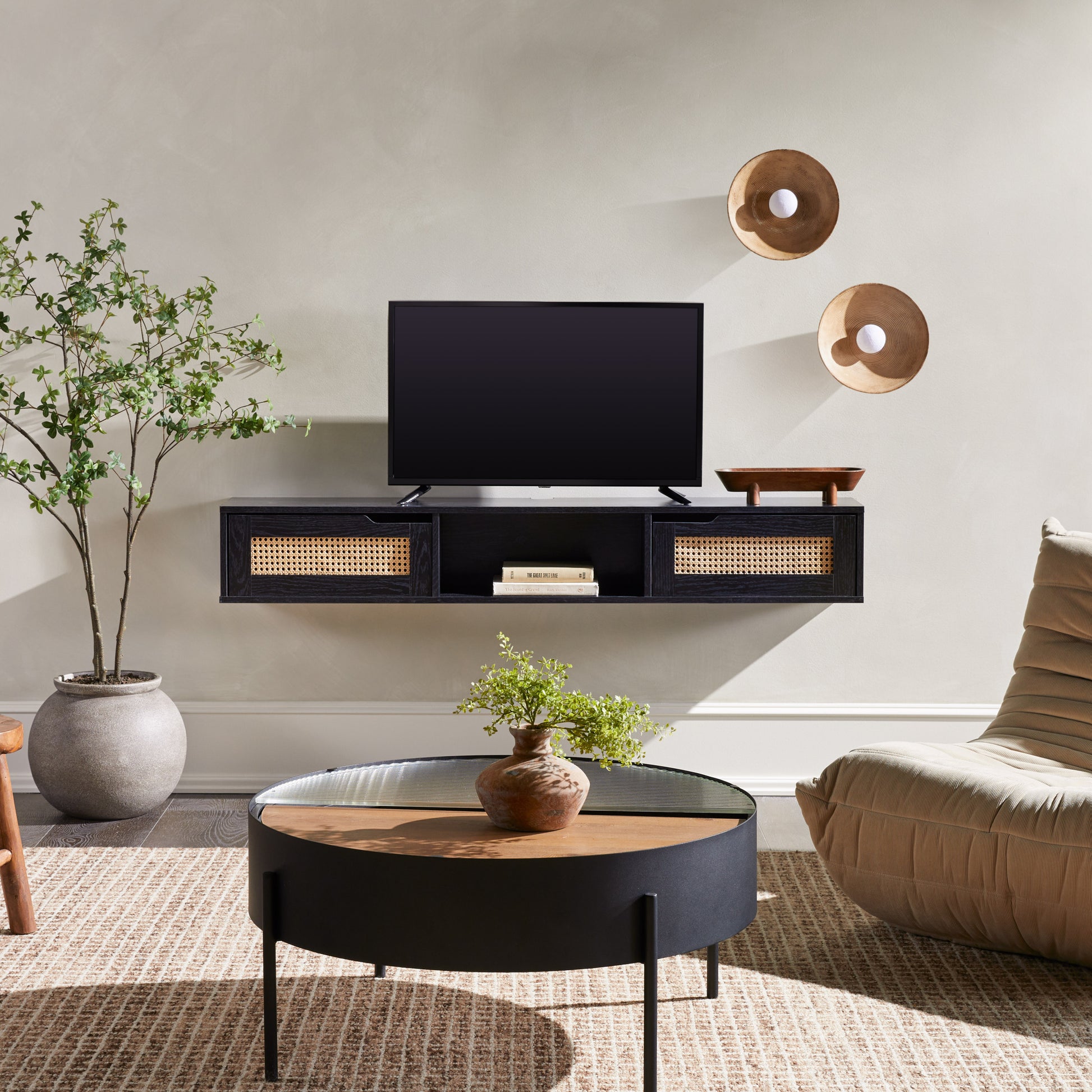 Modern Rattan Door Floating Tv Stand For Tvs Up To 65 Inches Black Black 60 69 Inches Mdf