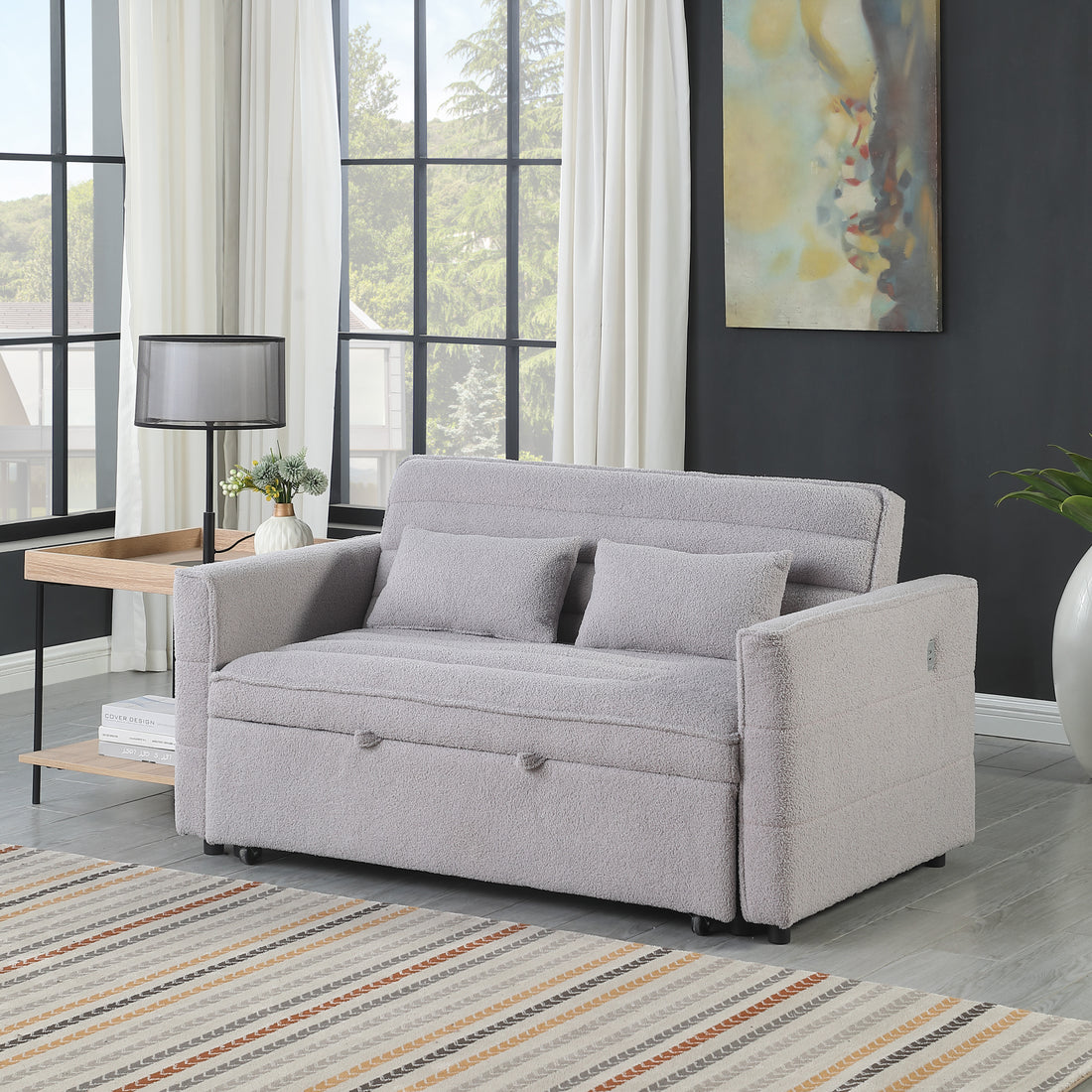 Soft Boucle Convertible Two Bedroom Sofa With Adjustable Back, 2 Seater Sofa, Pull Out Bed, 2 Waist Pillows For Small Living Rooms And Apartments Light Gray Boucle 2 Seat