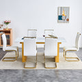 Table And Chair Set.Large Modern Rectangular Table With 0.4 Inch Patterned Glass Tabletop And Large Mdf Table Legs.Comes With 6 Chairs With Faux Leather Cushioned Seats And Golden Metal Legs. Gold White Seats 6 Mdf Glass