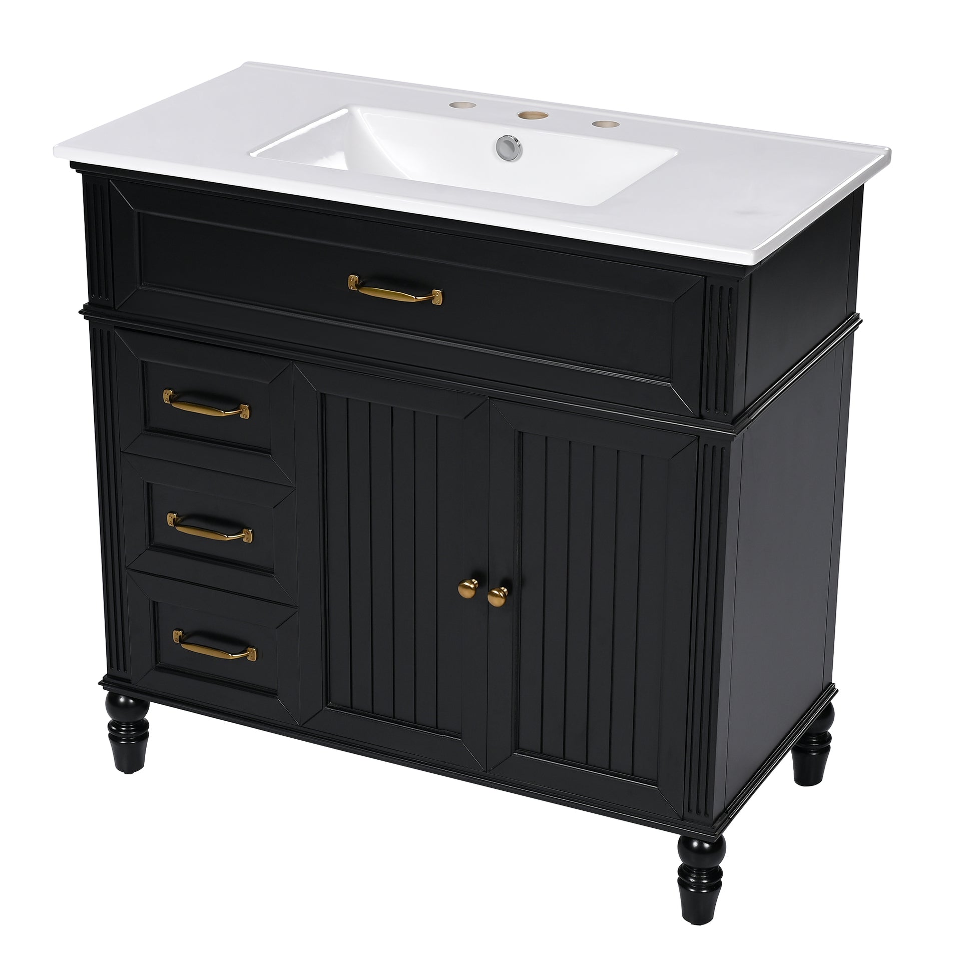 36" Bathroom Vanity With Sink, Black Bathroom Cabinet With Drawers, Solid Frame And Mdf Board, One Package Black Solid Wood Mdf