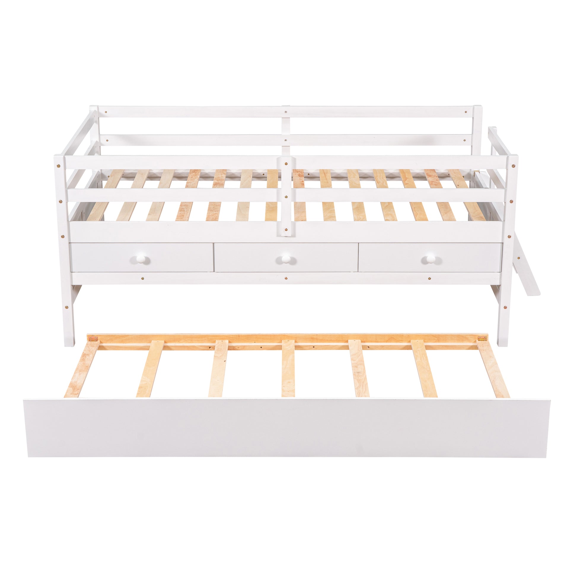 Low Loft Bed Twin Size With Full Safety Fence, Climbing Ladder, Storage Drawers And Trundle White Solid Wood Bed White Solid Wood