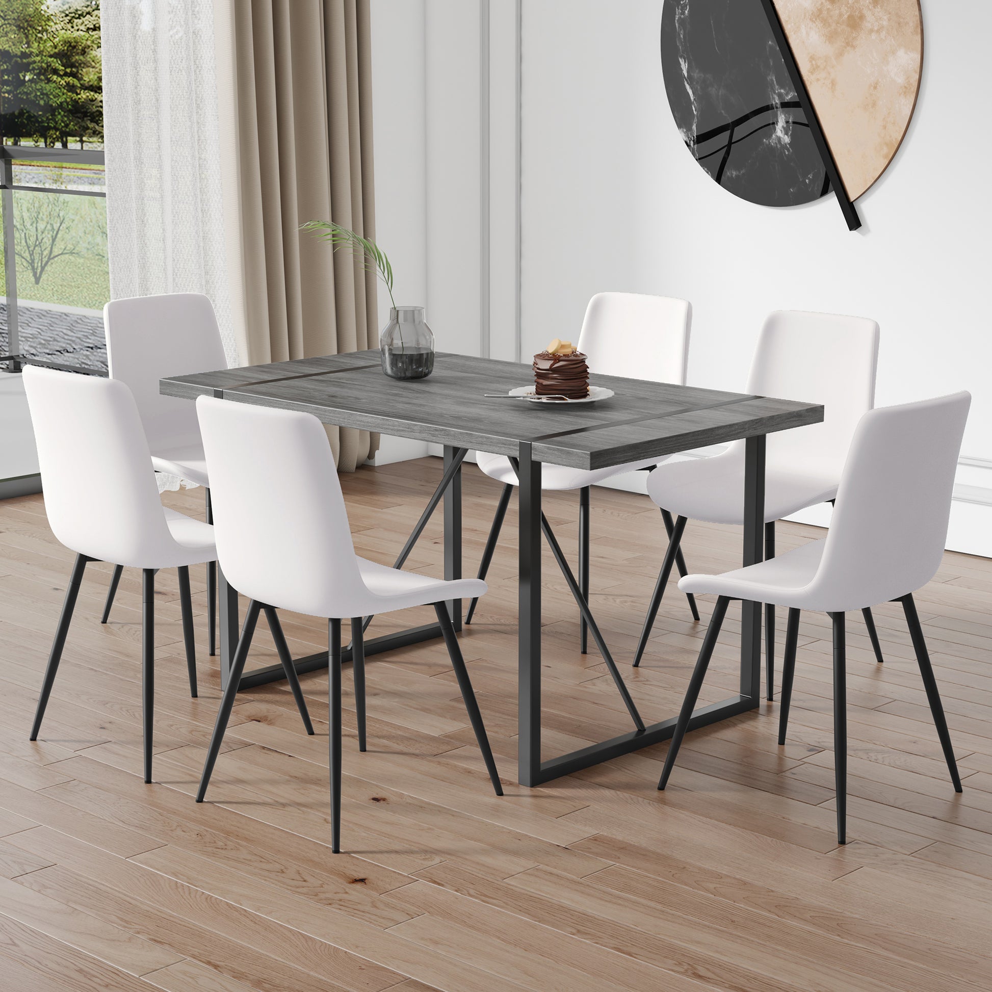 Table And Chair Set, Textured Top In Vintage Retro Grey Wood Grain Desktop, Black Metal Legs. Dining Chair With White Faux Leather Backrest Cushion With Black Metal Legs. Gray,Wood Seats 6 Mdf Metal