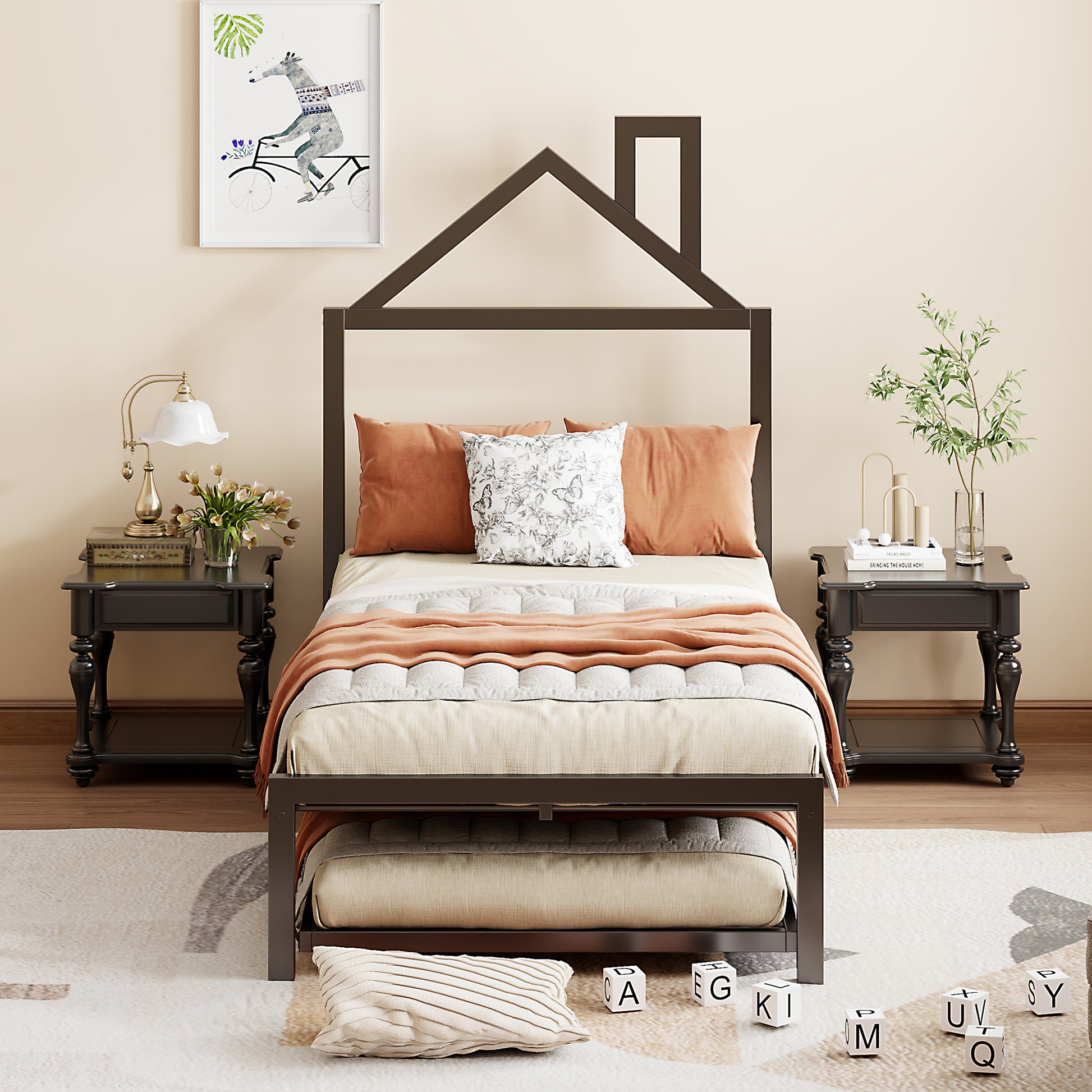 Twin Size Metal Platform Bed With Twin Size Trundle,House Shaped Headboard Design, Black Twin Black Metal