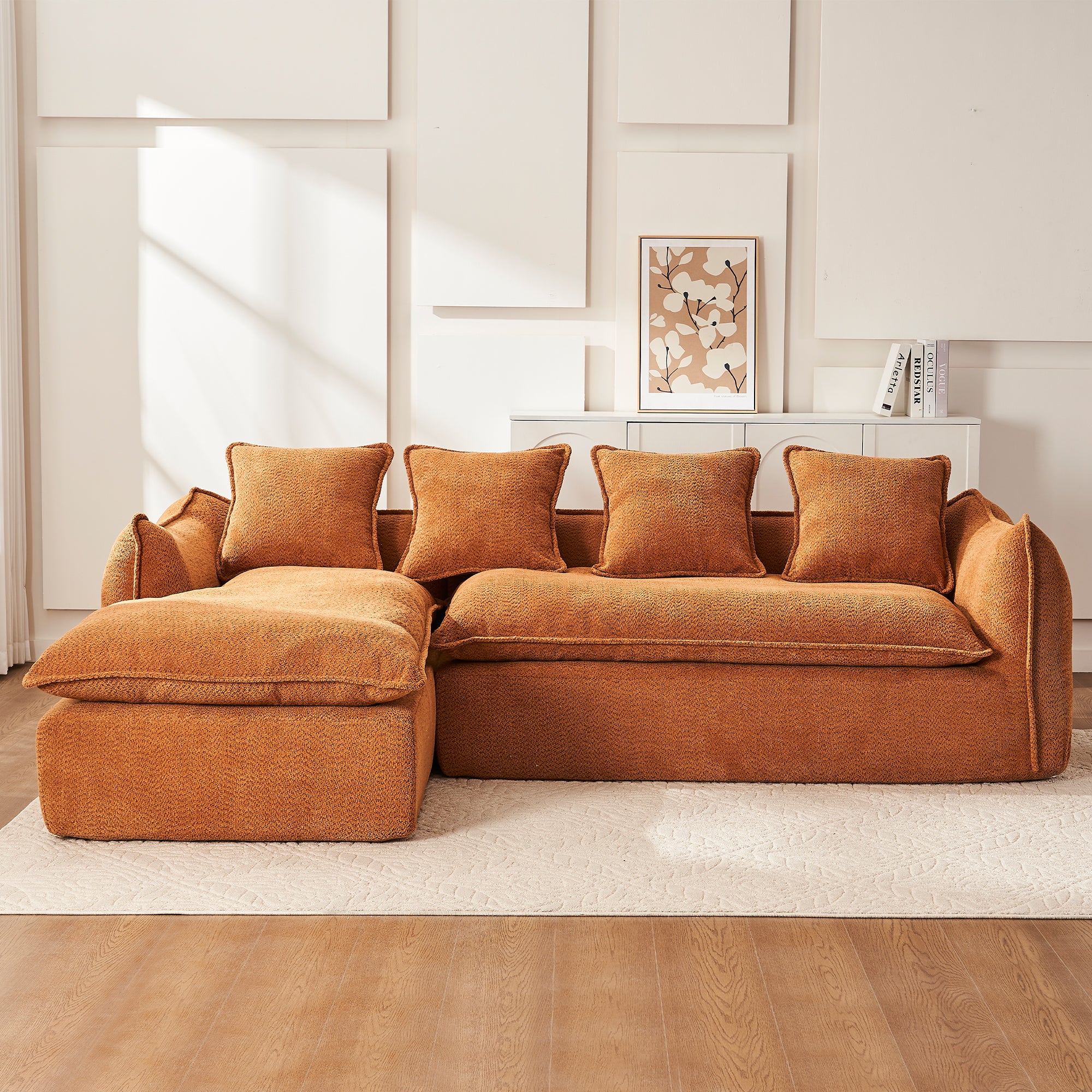Sofa Deep Seat Sofa 3 Seater For Living Room Oversized Comfy Sofa L Shape Sofa Couch With Chaise Home Furniture Sleeper Sectional Sofa For Apartment, Office Left Hand Facing Orange Foam 3 Seat