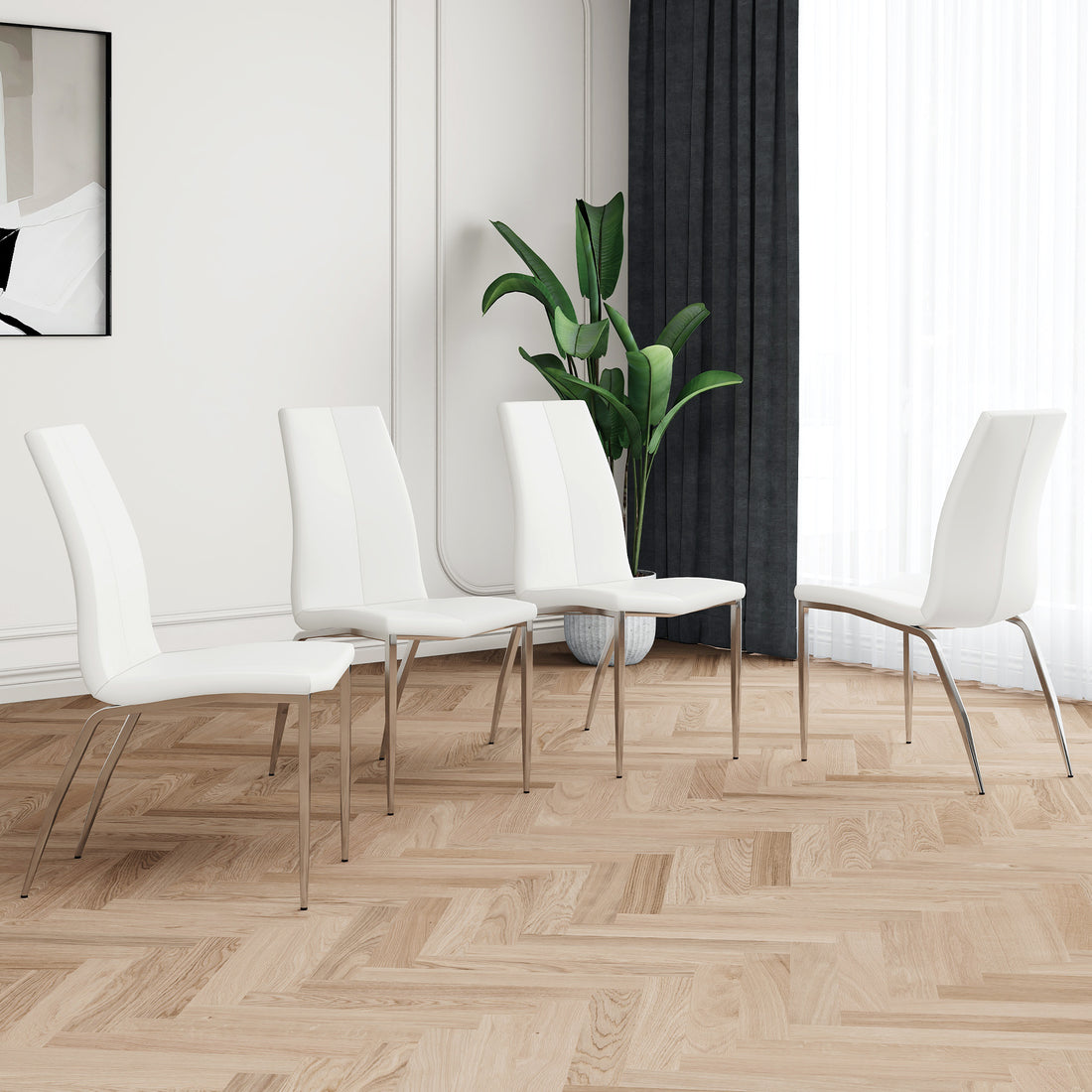 Modern Dining Chairs With Faux Leather Padded Seat Dining Living Room Chairs Upholstered Chair With Chrome Metal Legs Design For Kitchen, Living, Bedroom, Dining Room Side Chairs Set Of 4 White Metal