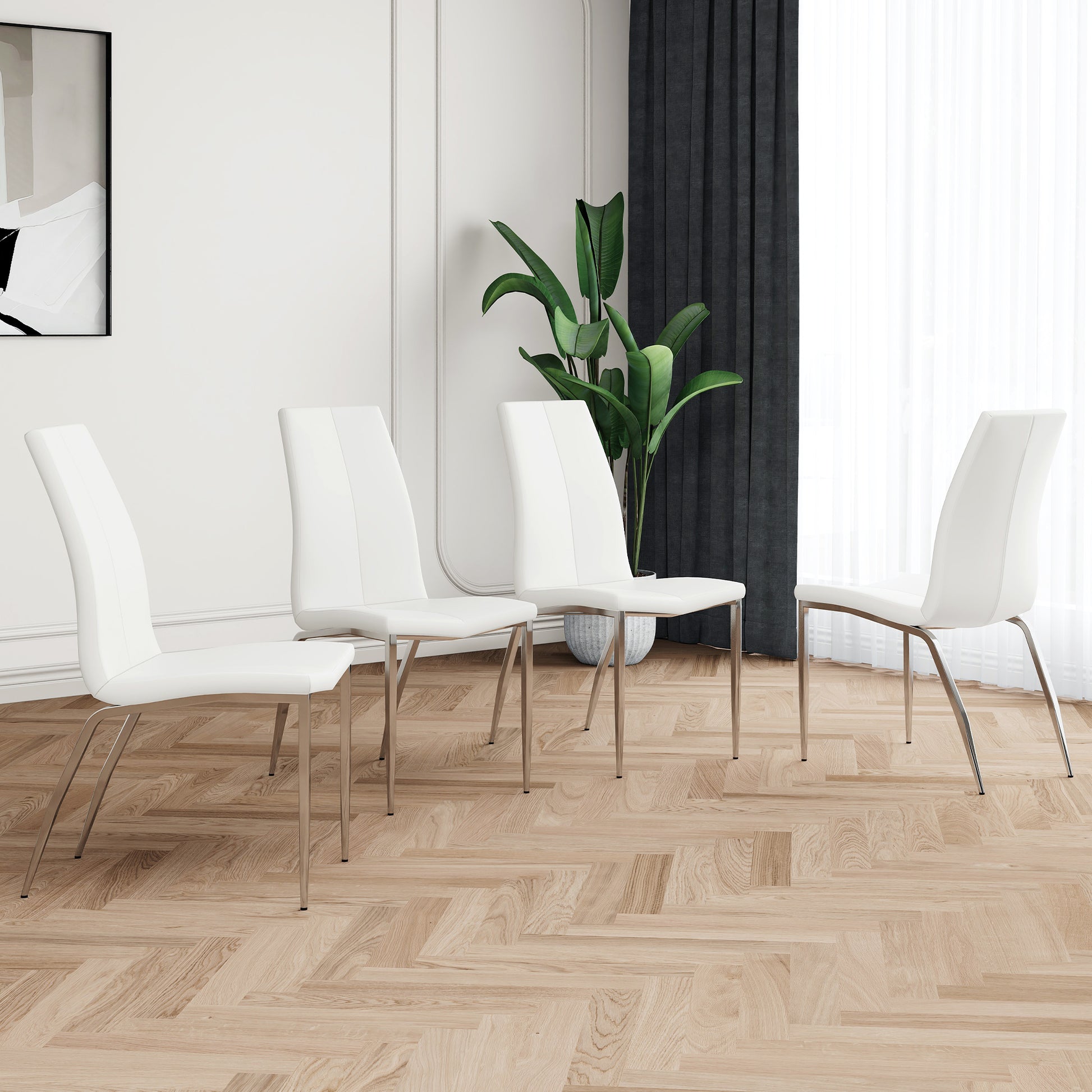 Modern Dining Chairs With Faux Leather Padded Seat Dining Living Room Chairs Upholstered Chair With Chrome Metal Legs Design For Kitchen, Living, Bedroom, Dining Room Side Chairs Set Of 4 White Metal