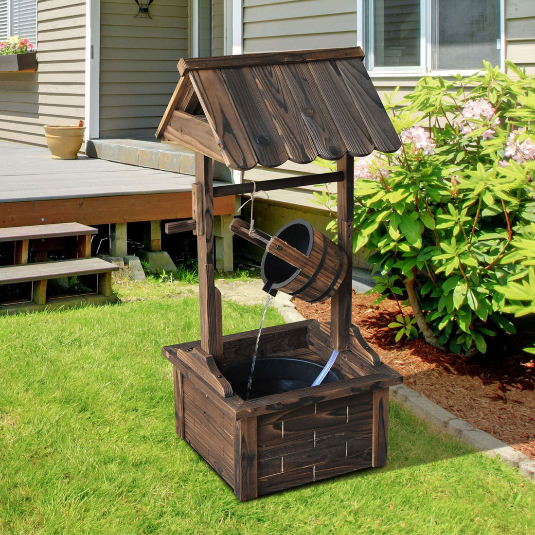 Outsunny Outdoor Wooden Wishing Well Fountain With Adjustable Water Flow Rate, Outdoor Rustic Waterfall Fountain With Electric Pump, Water Bucket, For Backyard Patio Garden Lawn, Carbonized Finish Brown Polypropylene