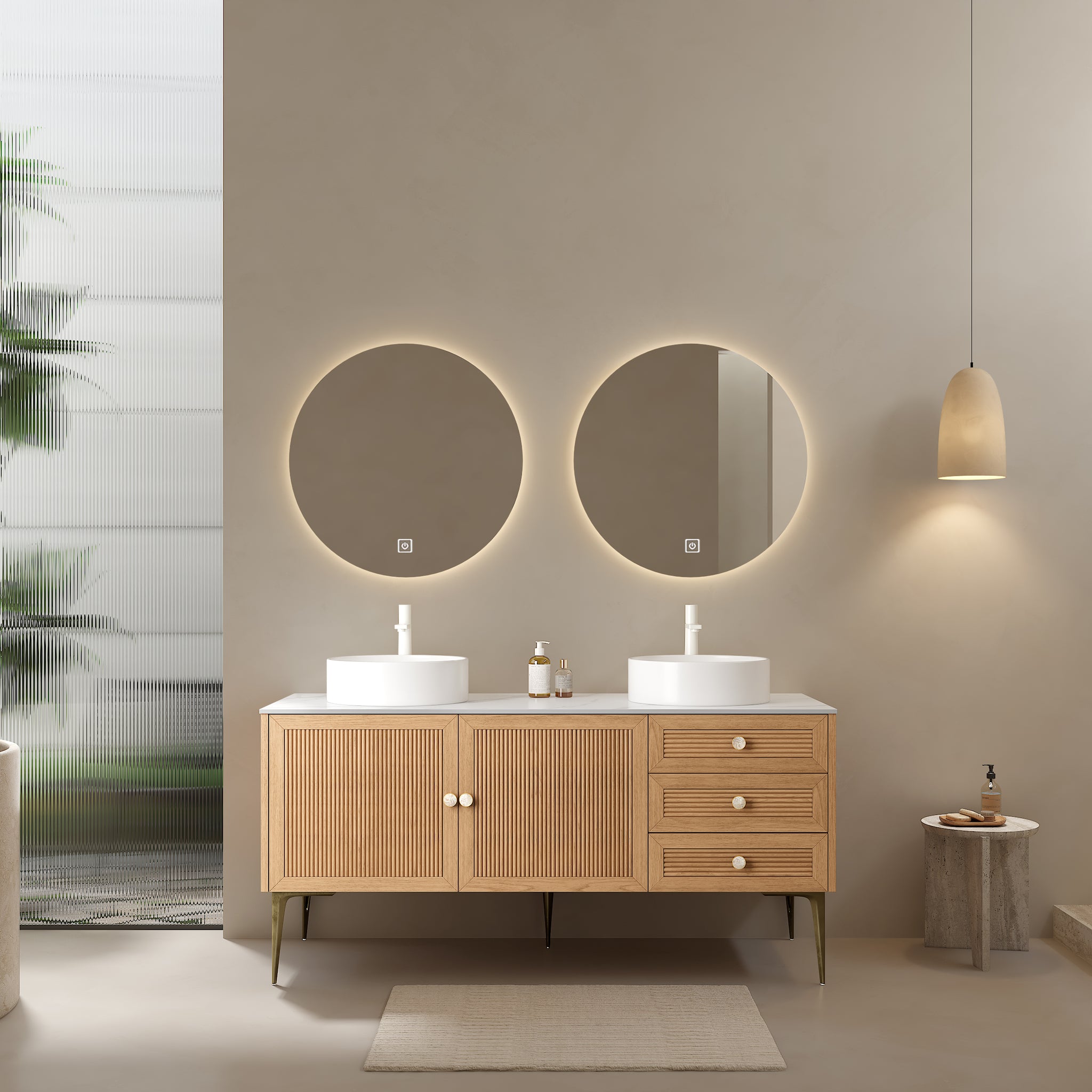 Munin 60" Bathroom Vanity With 2 Sinks, Freestanding Plywood Storage Cabinet With 5 Metal Legs, 3 Soft Closing Drawers And 2 Doors, White Ceramic Basin Without Faucet, Pre Assembled, Oak White Oak