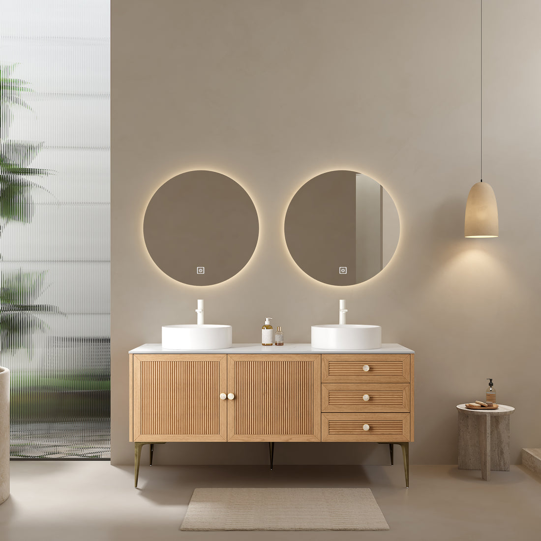 Munin 60" Bathroom Vanity With 2 Sinks, Freestanding Plywood Storage Cabinet With 5 Metal Legs, 3 Soft Closing Drawers And 2 Doors, White Ceramic Basin Without Faucet, Pre Assembled, Oak White Oak