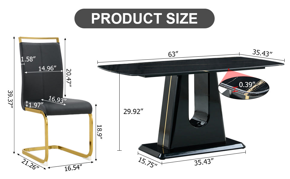 1 Table And 6 Chairs. Modern, Simple And Luxurious Black Imitation Marble Rectangular Dining Table And Desk With 6 Black Pu Gold Plated Leg Chairs 63'' X 35.4'' X 30'' Black Mdf
