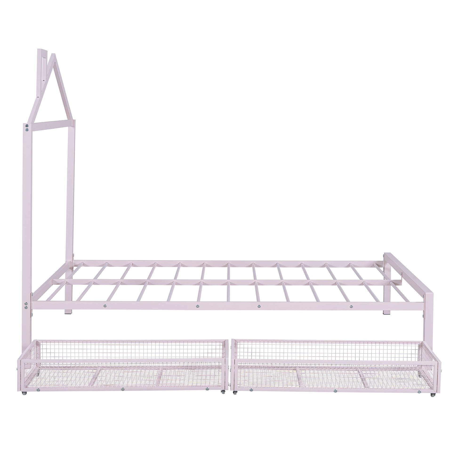 Full Size Metal Platform Bed With Two Drawers,House Shaped Headboard Design, Pink Full Pink Metal