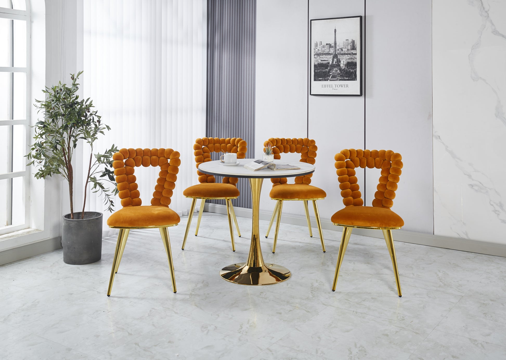 Orange And Gold Modern Chair Set Of 2 With Iron Tube Legs, Soft Cushions And Comfortable Backrest, Suitable For Dining Room, Living Room, Cafe,Hairball Back Orange Fabric