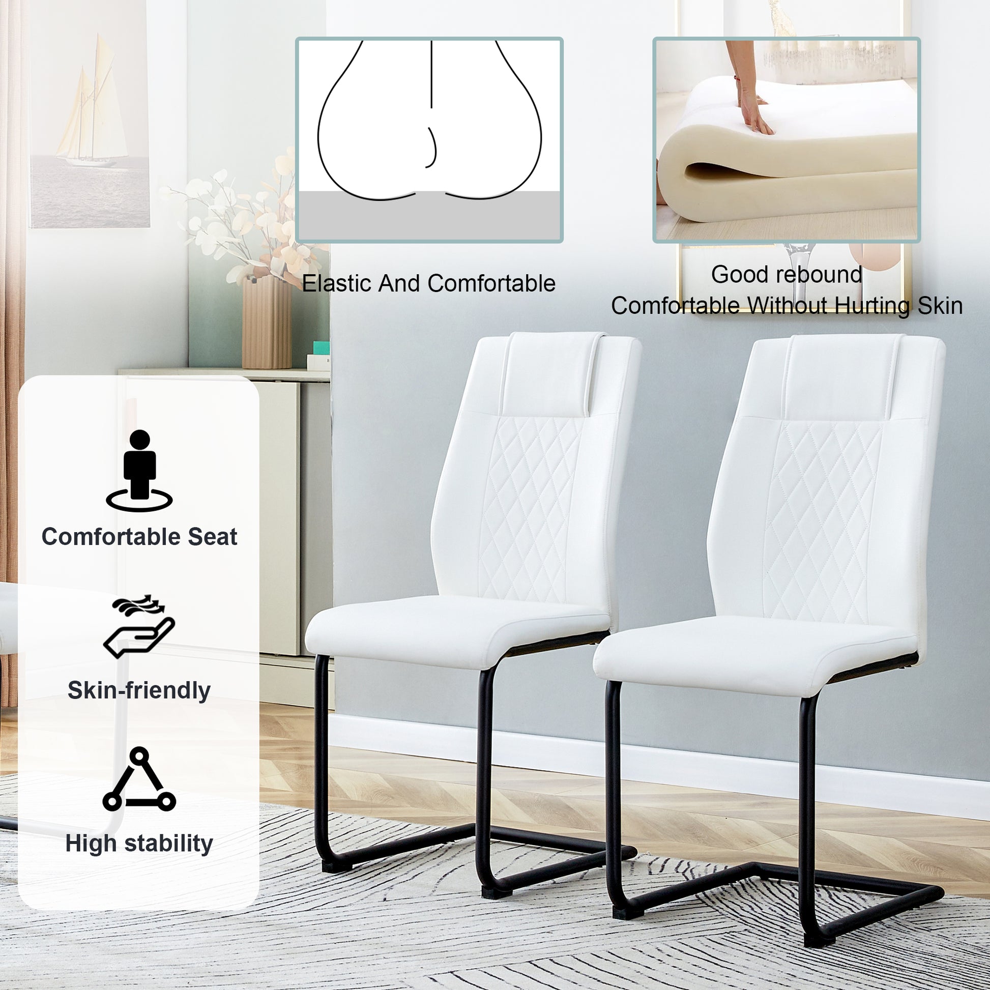 Table And Chair Set.Modern Rectangular Glass Dining Table With 0.39" Tempered Glass Tabletop And Black Metal Legs.Paired With Multiple Chairs Designed With Pu Cushions And Black Metal Legs. White Black Seats 4 Tempered Glass