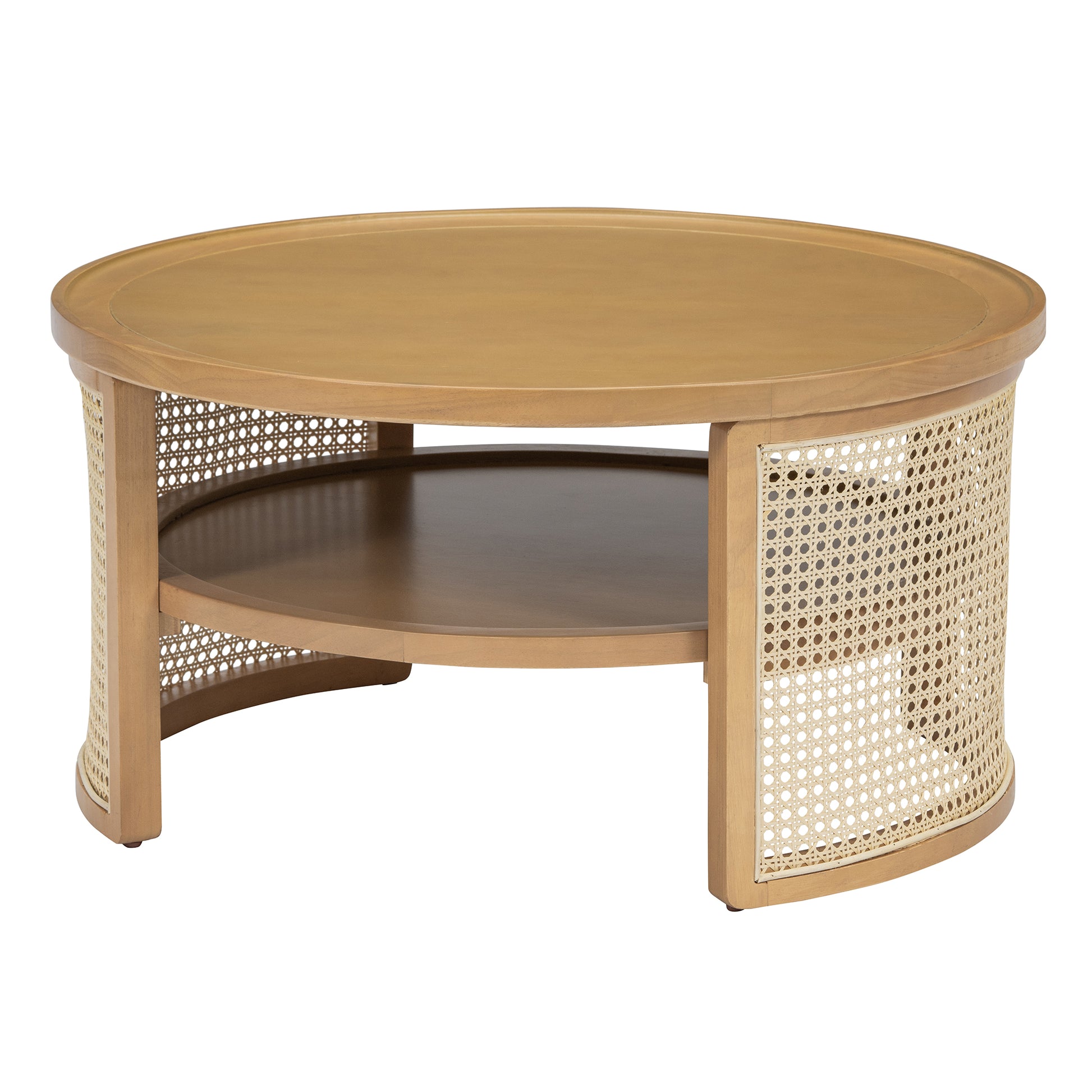 2 Tiered Round Natural Wood Coffee Table With Storage Rattan Base In 31.3'' Natural Rubber Wood