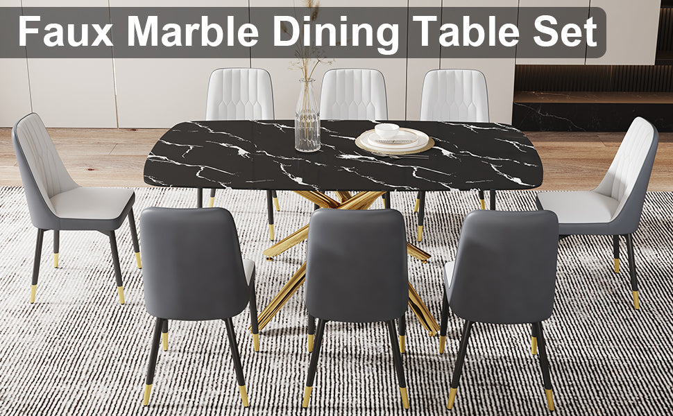 Large Modern Minimalist Rectangular Dining Table With 0.39 "Imitation Marble Black Tabletop And Golden Metal Legs, Paired With Chairs With Pu Cushions And Black Metal Legs. F 1537 C 007 Black Gold Glass Metal