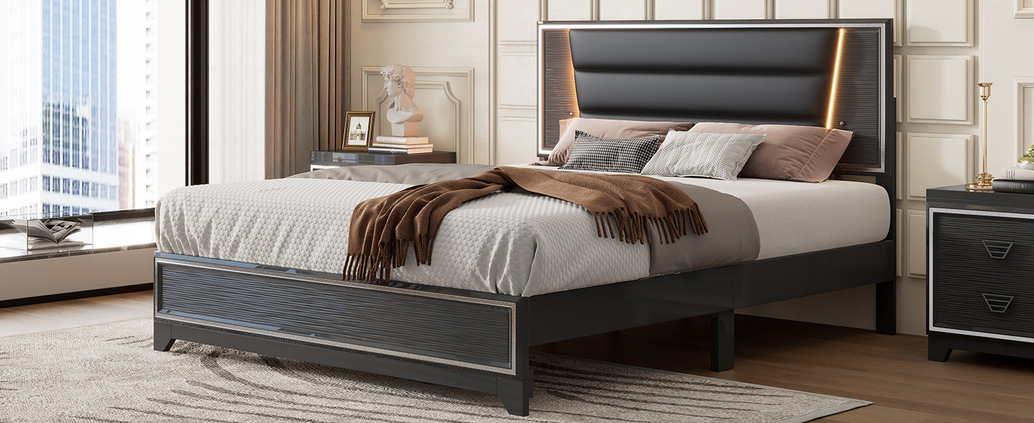 Queen Size Pu Upholstered Bed, Headboard With Led Light Strips And Sparkling Shiny Decoration, No Box Spring Required, Black Queen Black Pu
